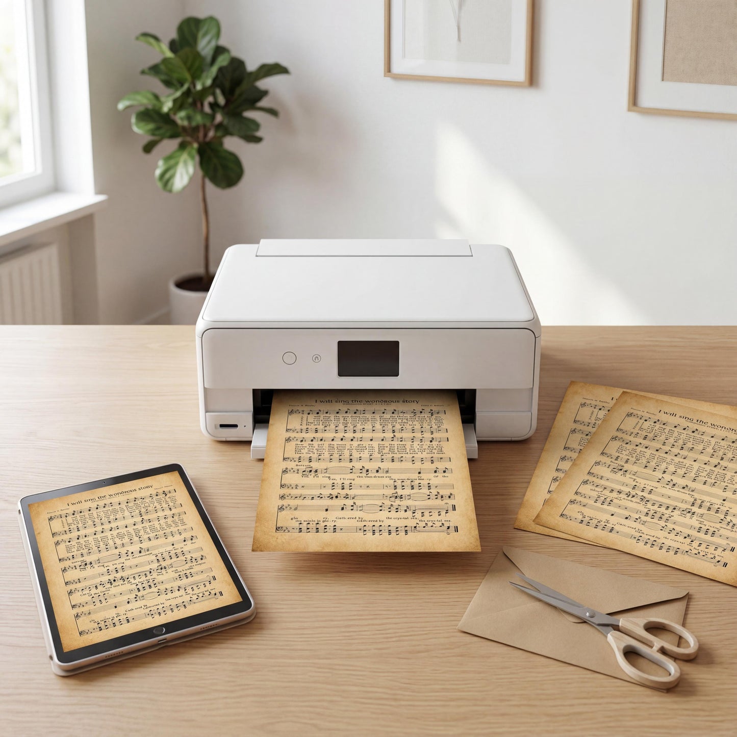a printer, a tablet, and some sheet music on a wooden desk, with a potted plant in the background.