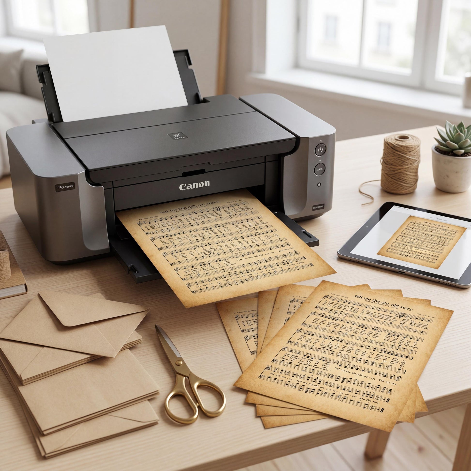 a Canon printer with sheet music printed on it, along with a pair of scissors, a tablet, and some envelopes on a desk.