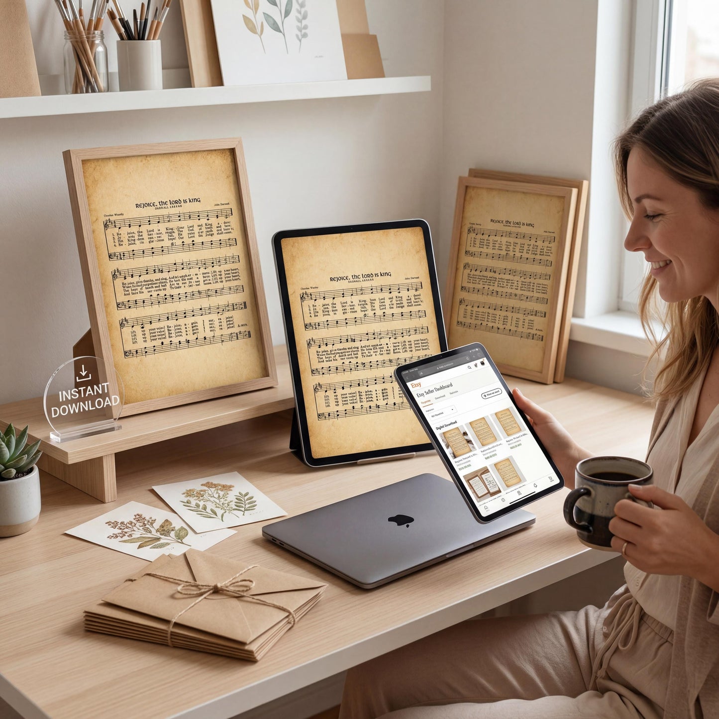 A woman is sitting at a desk, holding a tablet and a coffee mug, surrounded by framed sheet music, a laptop, and other office supplies.