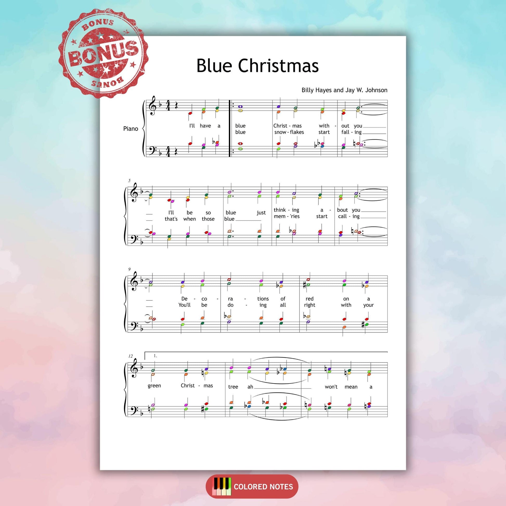 Blue Christmas by Billy Hayes and Jay W. Johnson downloadable and simplified piano sheet music PDF displayed with note-name annotations, finger numbers, color-coded notes, and SATB vocal lines in a clear Grade 3–4 engraving derived from manuscript sources, ideal for seasonal choir programs.