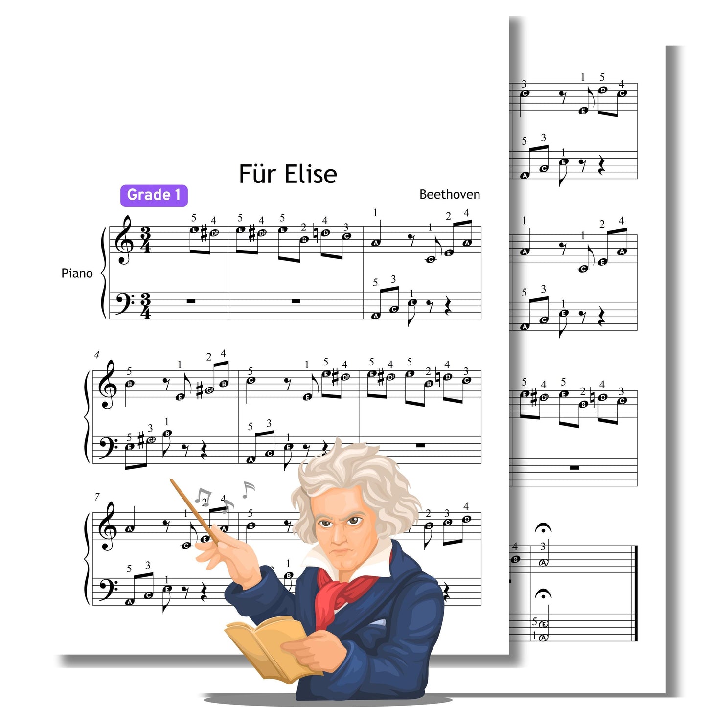 Für Elise - Grade 1 Simplified Easy Piano Sheet for Beginners | Easy Beethoven Music PDF | MP3 + MP4 Video + Finger Numbers