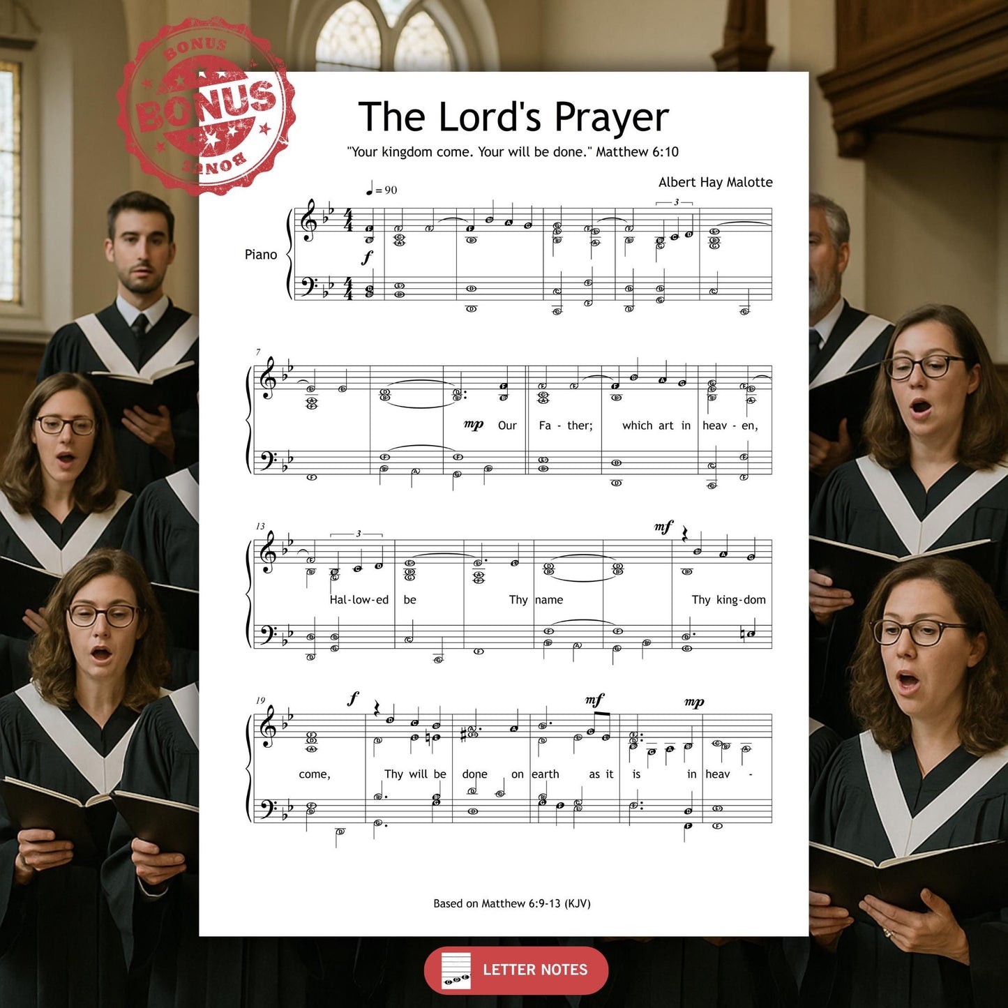 Easy-level version of The Lord’s Prayer with piano and vocal parts in B♭ major.
Two-page printable PDF for spiritual reflection, worship events, or educational settings.