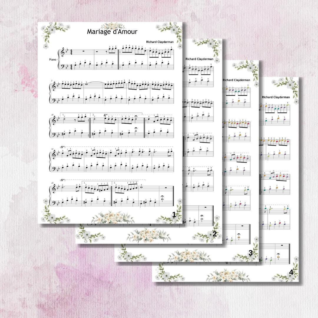 Marriage D'Amour easy piano sheet music PDF cover image showing Grade 3 arrangement by Richard Clayderman with icons for colored notes, note names, MP3 audio, demo video, instant digital download, and tablet compatibility.