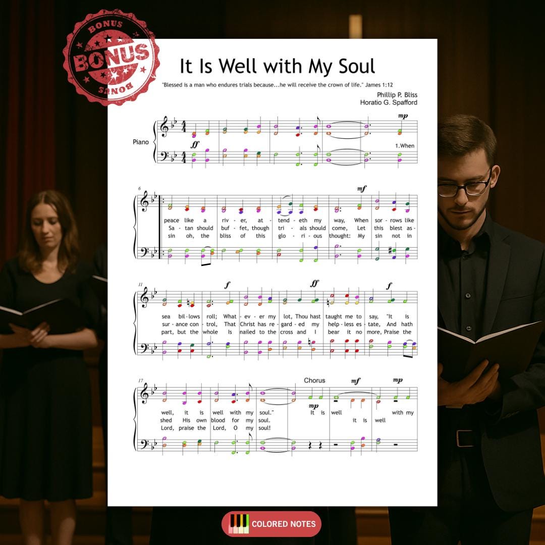 SATB choral score of It Is Well with My Soul by Bliss & Spafford, formatted for church choir use.
Includes piano reduction and full lyrics for powerful congregational or concert settings.