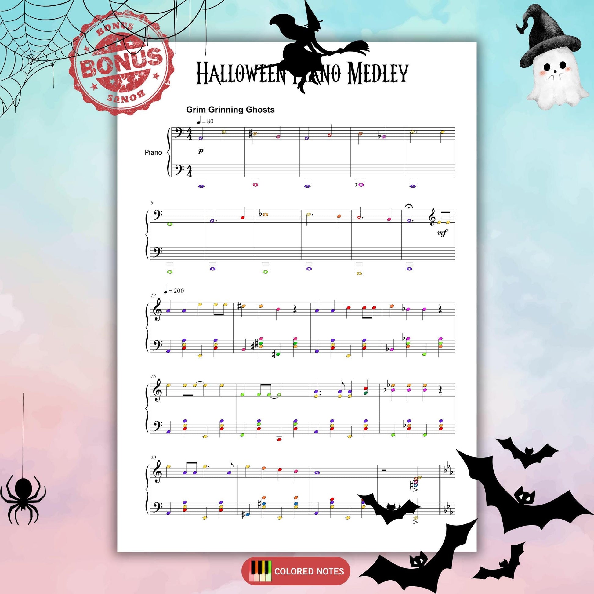 Halloween Piano Medley intermediate level Grade 4–5, digital PDF download with note-named and color-coded scores, MP3 audio demos, MP4 teaching videos, includes themes like Toccata and Fugue, Luigi’s Mansion, and more.
