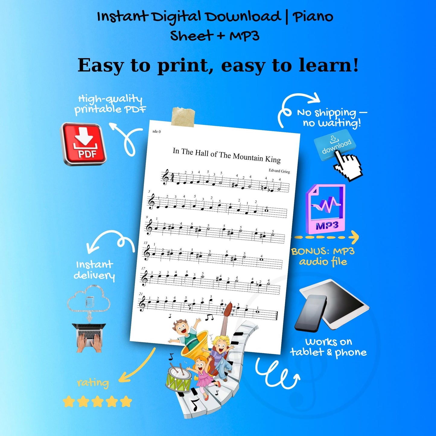 In the Hall of the Mountain King- Grade 0 - Easy Piano Sheet for Beginners | Colorful Notes + Finger Numbers | Educational Piano Resource