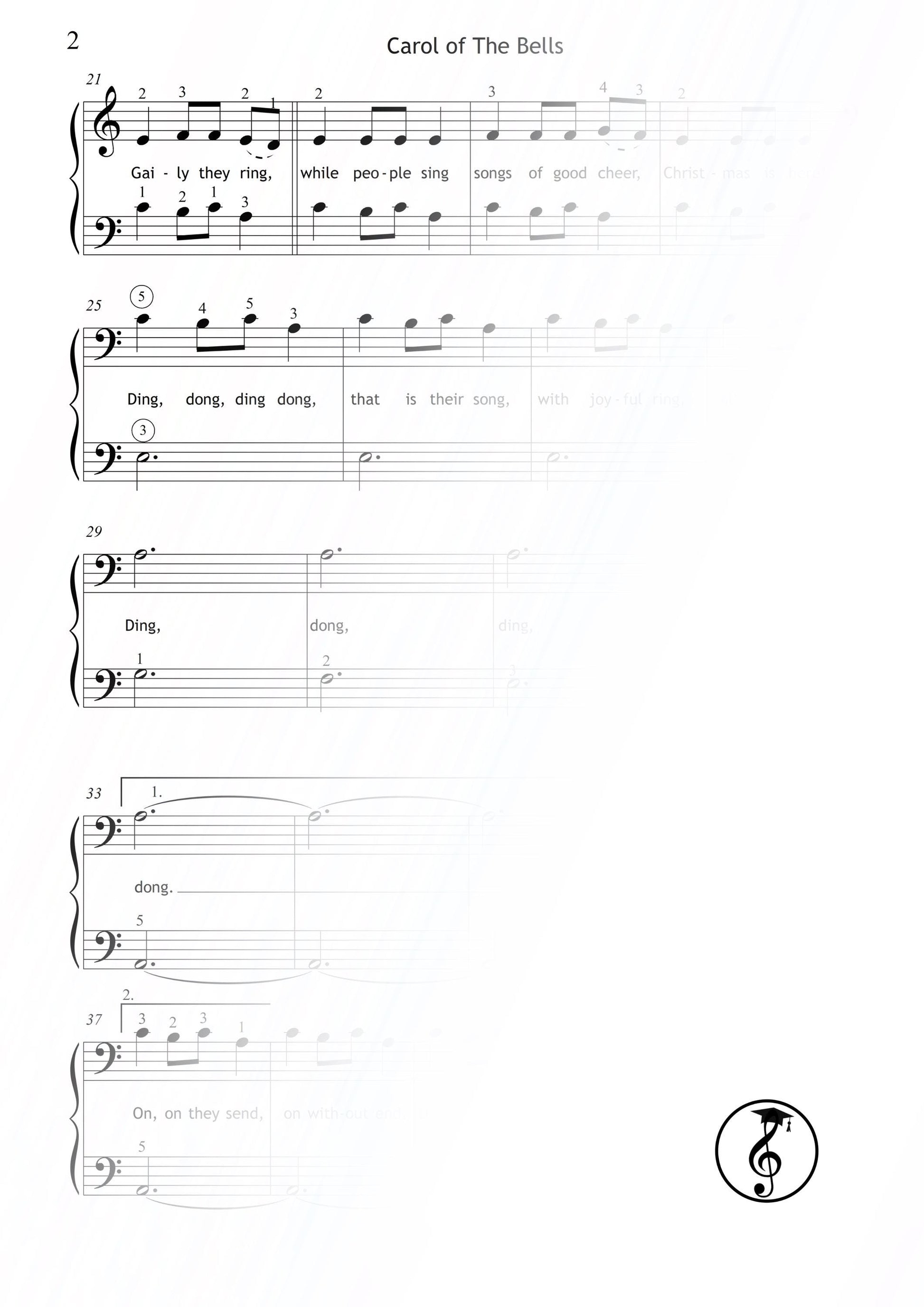 Carol of the Bells by Mykola Leontovych downloadable and simplified piano sheet music PDF perfect for Christmas lessons, offering color notes, beginner note names, finger numbers, MP3 demo, PNG files, and AI-guided visual practice aids.