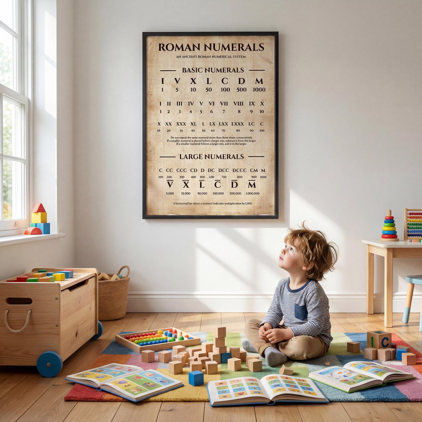 Antique Roman numbers chart printable presenting Roman numerals I to M̅ with explanatory rules, ideal for teaching ancient history, mathematics, and numeral systems in a visual way.