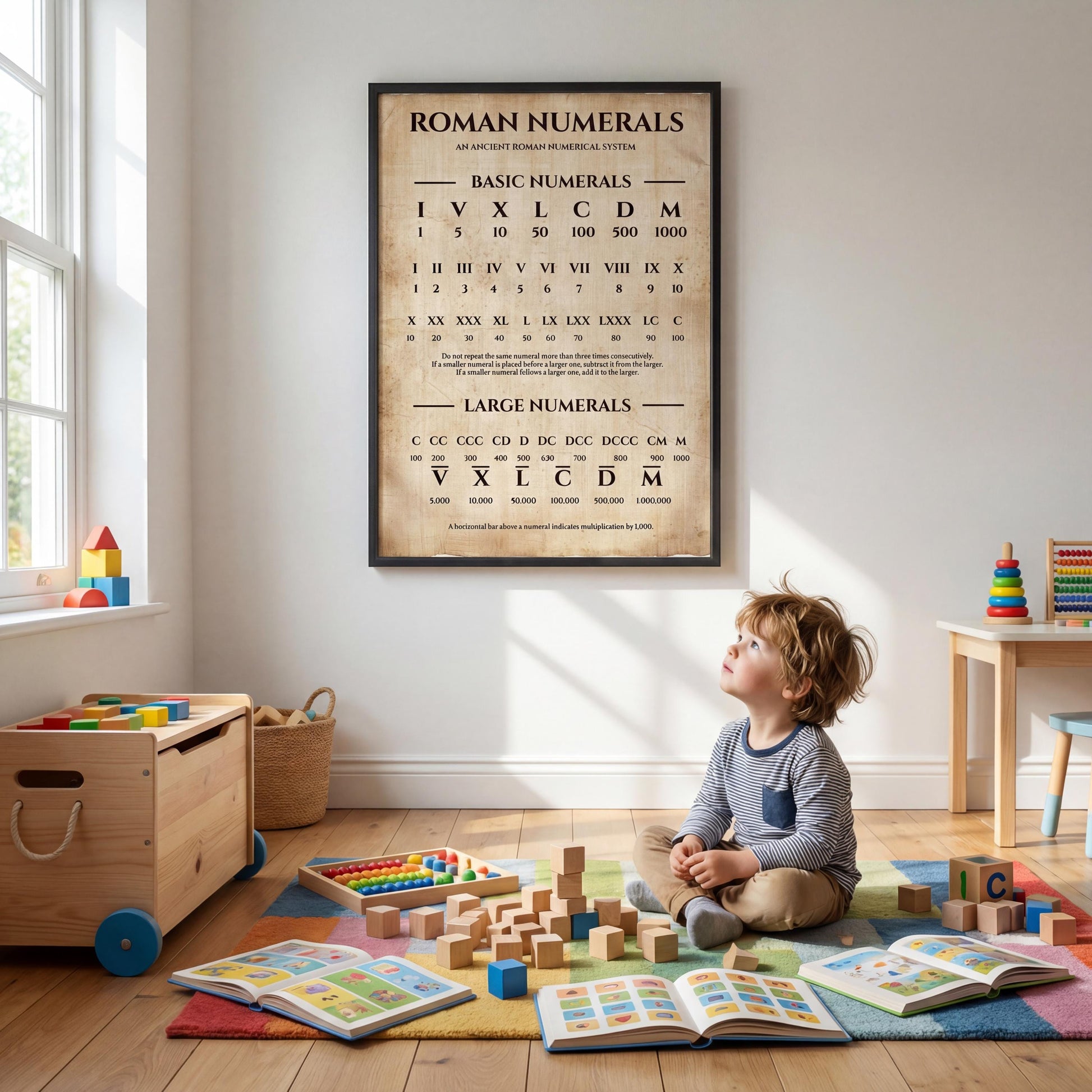 Antique Roman numbers chart printable presenting Roman numerals I to M̅ with explanatory rules, ideal for teaching ancient history, mathematics, and numeral systems in a visual way.