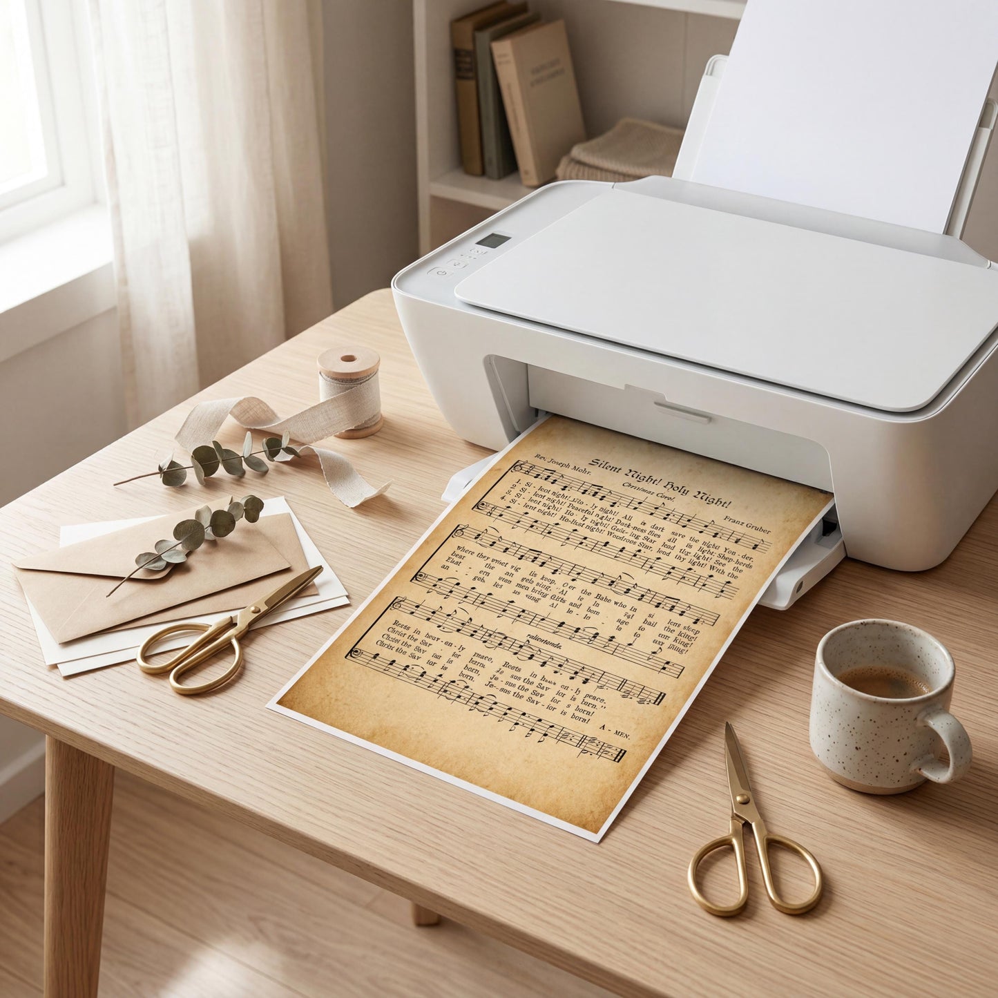 a desk with various office supplies and a printer, including a sheet of music, a cup of coffee, and some books.