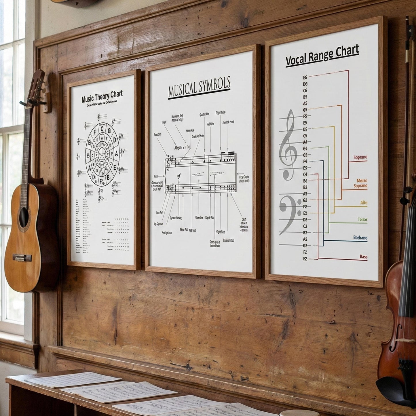 Vocal Range Chart for choir and voice training presented as a professional music education tool showing soprano, mezzo-soprano, alto, tenor, baritone, and bass ranges in visual staff form, ideal for choir rehearsals and vocal instruction.