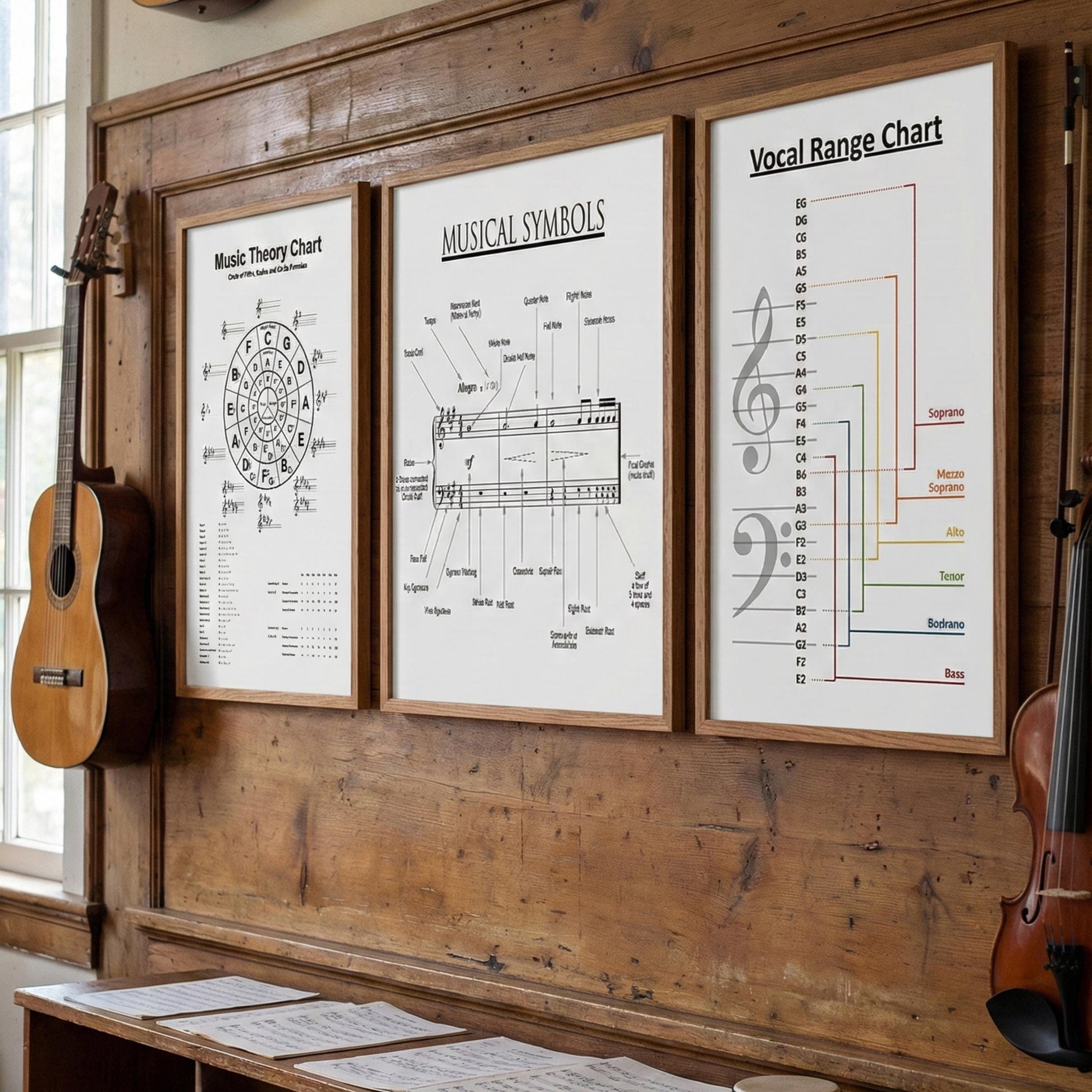 Vocal Range Chart for choir and voice training presented as a professional music education tool showing soprano, mezzo-soprano, alto, tenor, baritone, and bass ranges in visual staff form, ideal for choir rehearsals and vocal instruction.