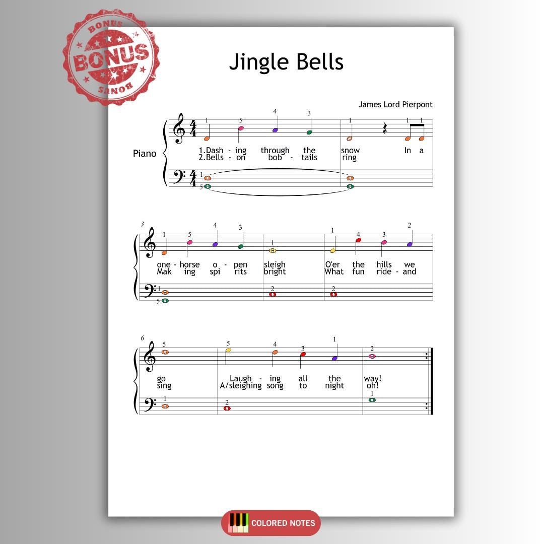 Jingle Bells by James Lord Pierpont downloadable and simplified piano sheet music PDF displayed as a teacher-friendly Grade 1 resource including finger numbers, color-coded notes, note-name pages, lyrics, and violin accompaniment, crafted with manuscript accuracy for ensemble lessons.