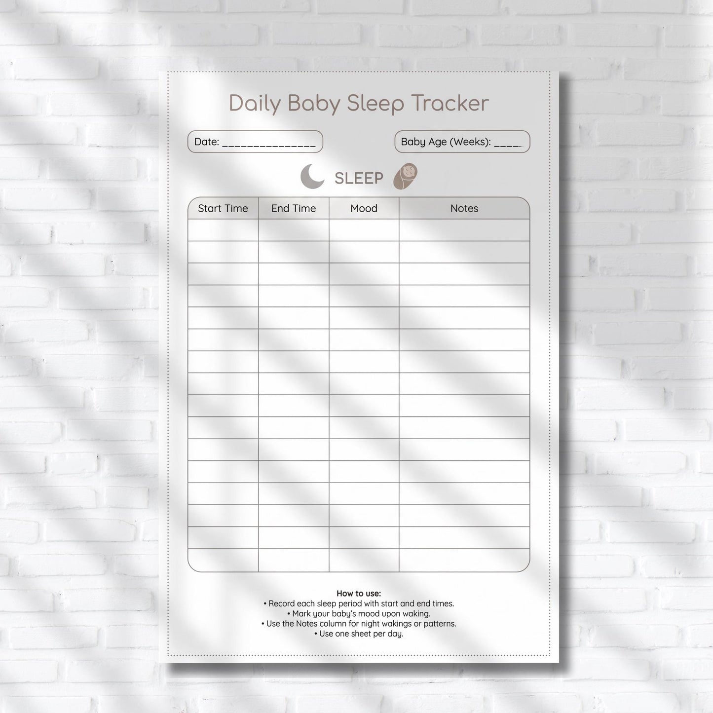 Baby Daily Tracker high-resolution printable PDF and PNG set designed for newborn care, featuring easy-to-read charts for feeding frequency, diaper changes, and sleep cycles.
