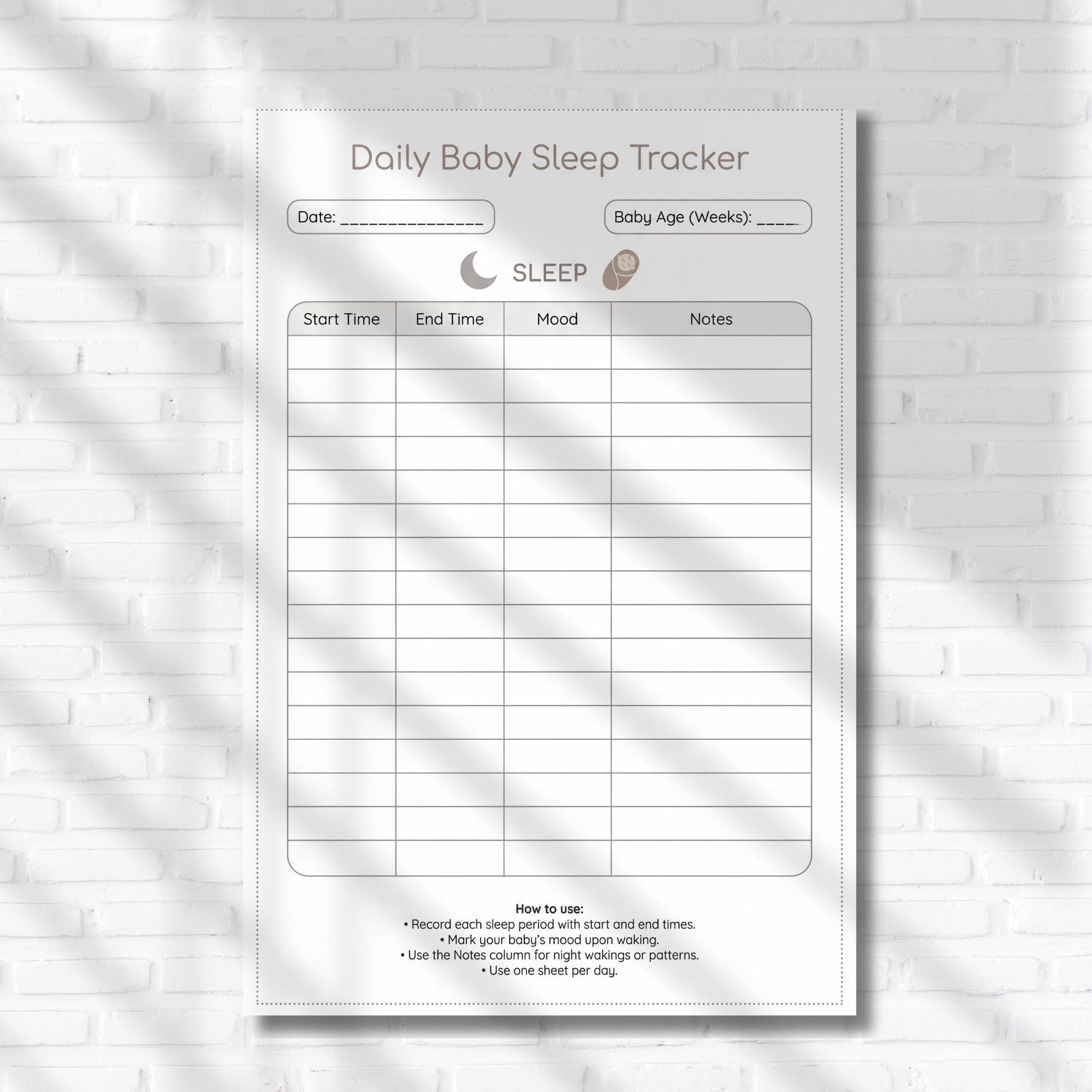 Baby Daily Tracker high-resolution printable PDF and PNG set designed for newborn care, featuring easy-to-read charts for feeding frequency, diaper changes, and sleep cycles.