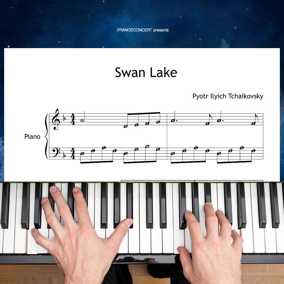 Swan Lake Theme by Pyotr Ilyich Tchaikovsky downloadable and simplified piano sheet music PDF shown in a Grade 3 layout with finger numbers, color-coded notes, note-name versions, and manuscript-based engraving, supported by MP3 audio and a video tutorial for expressive classical learning.