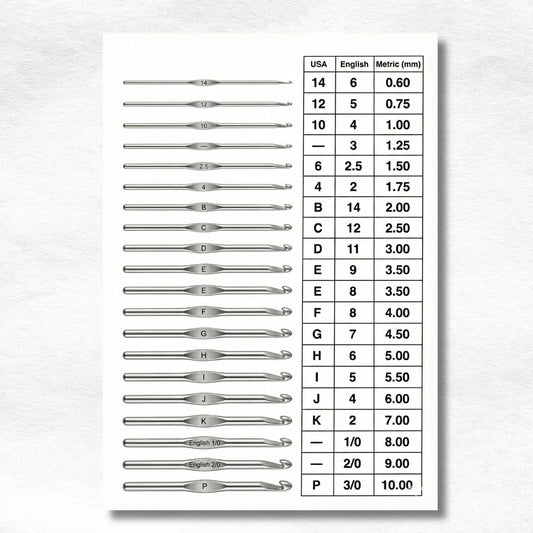 Crochet Hook Size Conversion Chart – US UK and Metric Guide shown as a high-resolution PDF layout with an easy-to-read conversion table, clearly aligning US, UK, and mm hook sizes for quick pattern reference.
