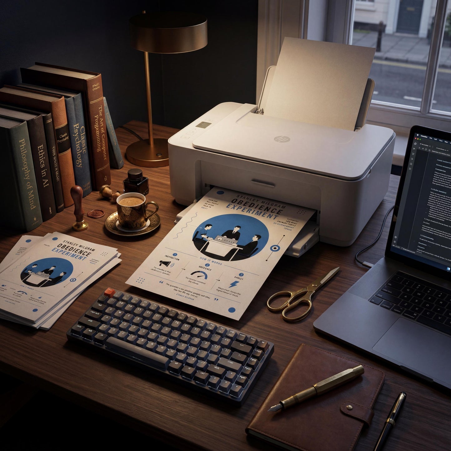 a well-organized workspace with various office supplies and equipment, including a printer, a laptop, a keyboard, and a lamp.