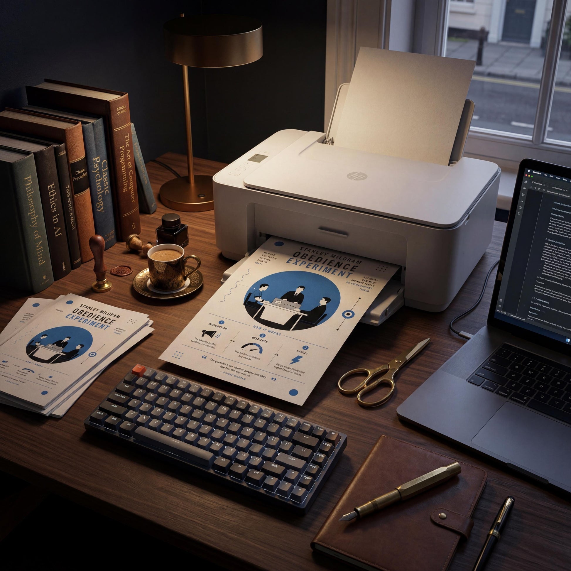 a well-organized workspace with various office supplies and equipment, including a printer, a laptop, a keyboard, and a lamp.