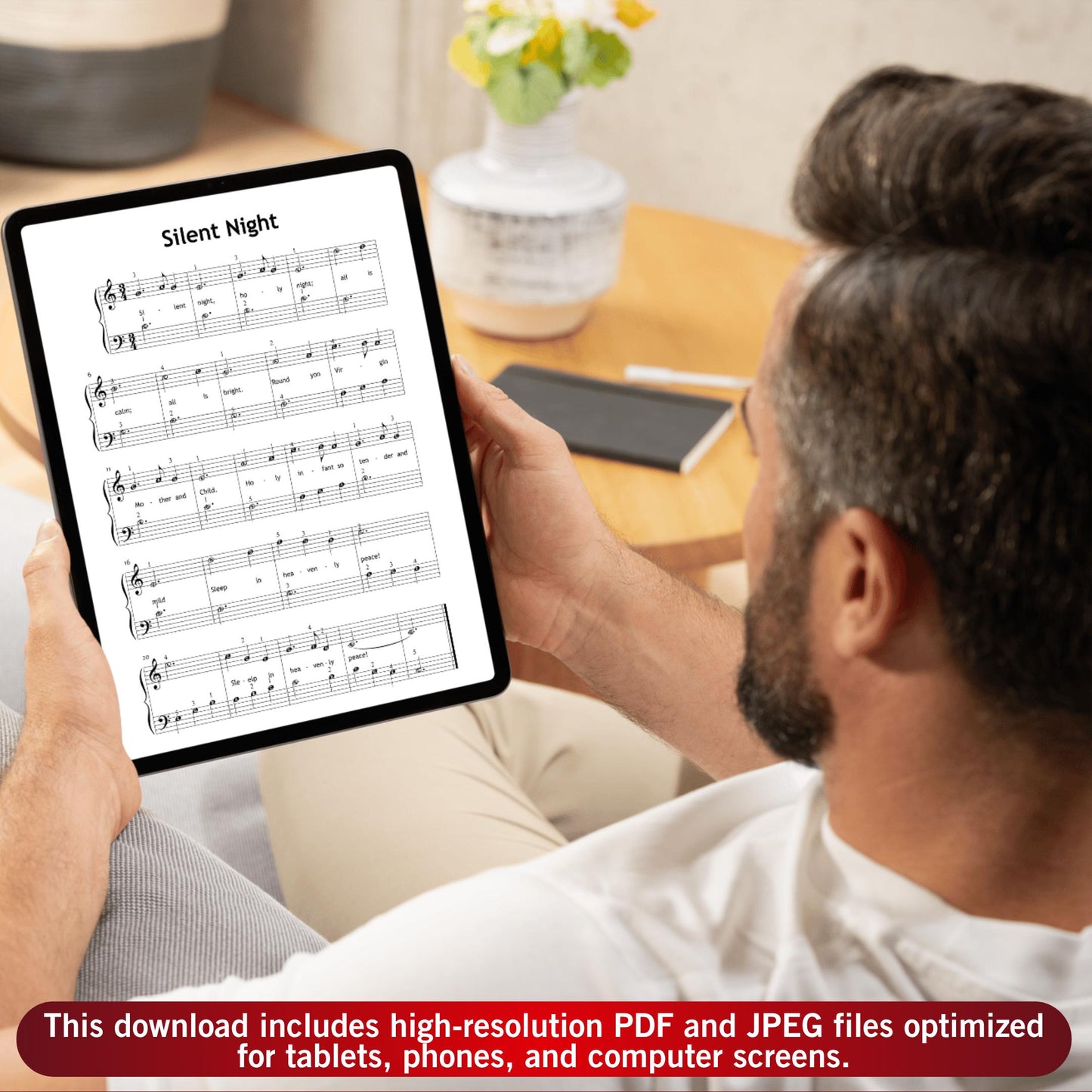 Silent Night by Franz Gruber downloadable and simplified Christmas piano sheet music PDF ideal for young pianists, with finger-numbered passages, lyric cues, color notes, and beginner-friendly rhythms for December concerts.