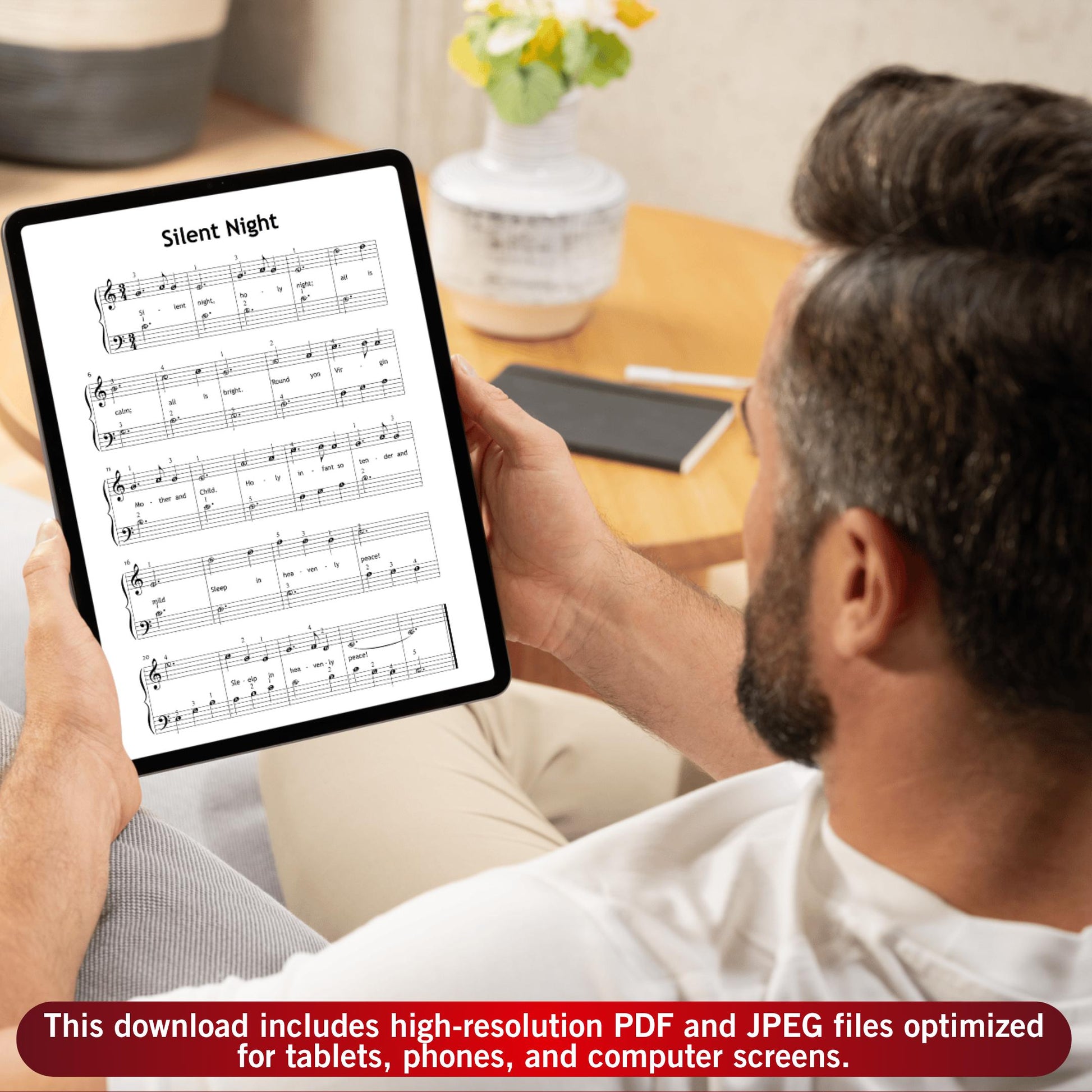 Silent Night by Franz Gruber downloadable and simplified Christmas piano sheet music PDF ideal for young pianists, with finger-numbered passages, lyric cues, color notes, and beginner-friendly rhythms for December concerts.