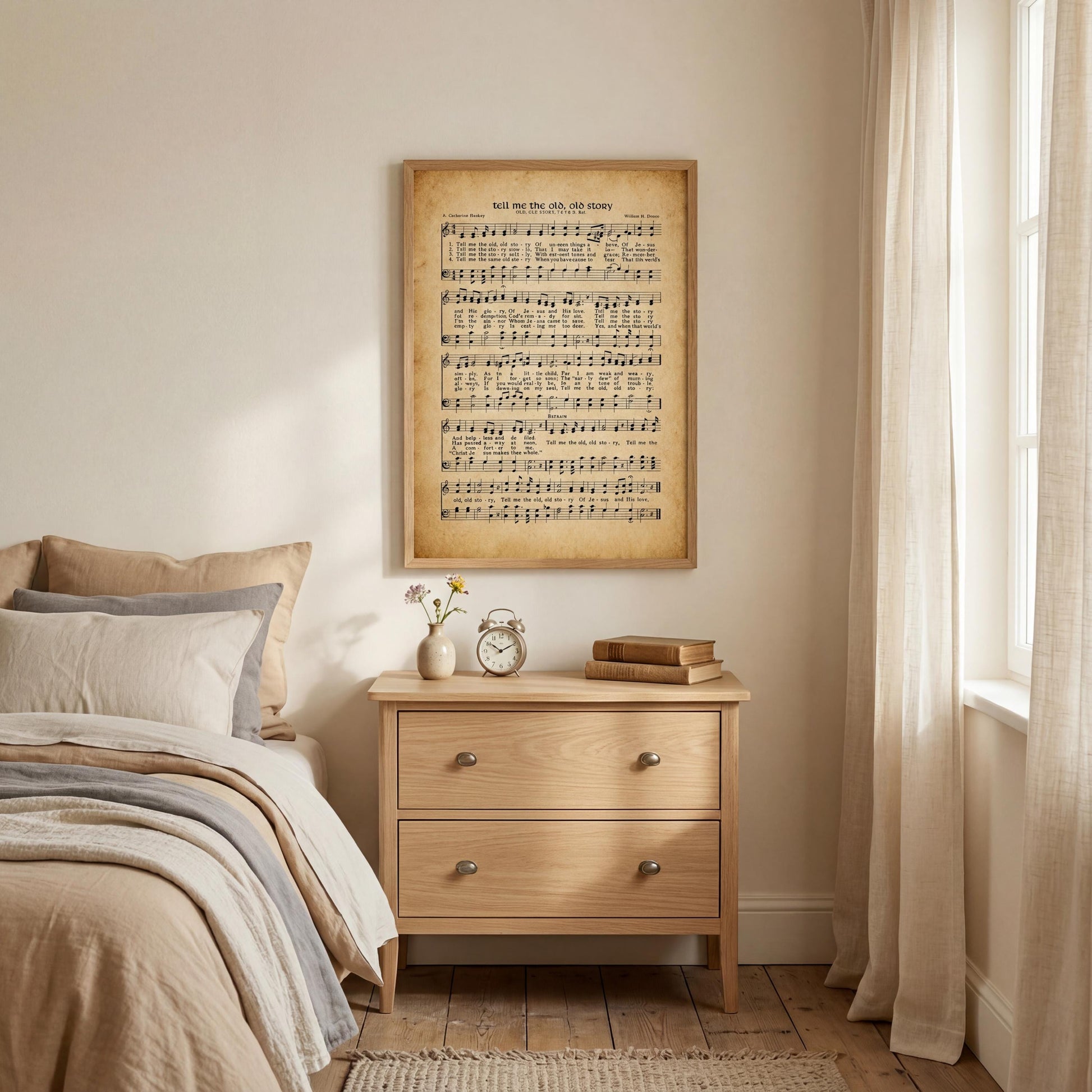 a cozy bedroom scene with a bed, a wooden nightstand, and a framed sheet music poster on the wall.