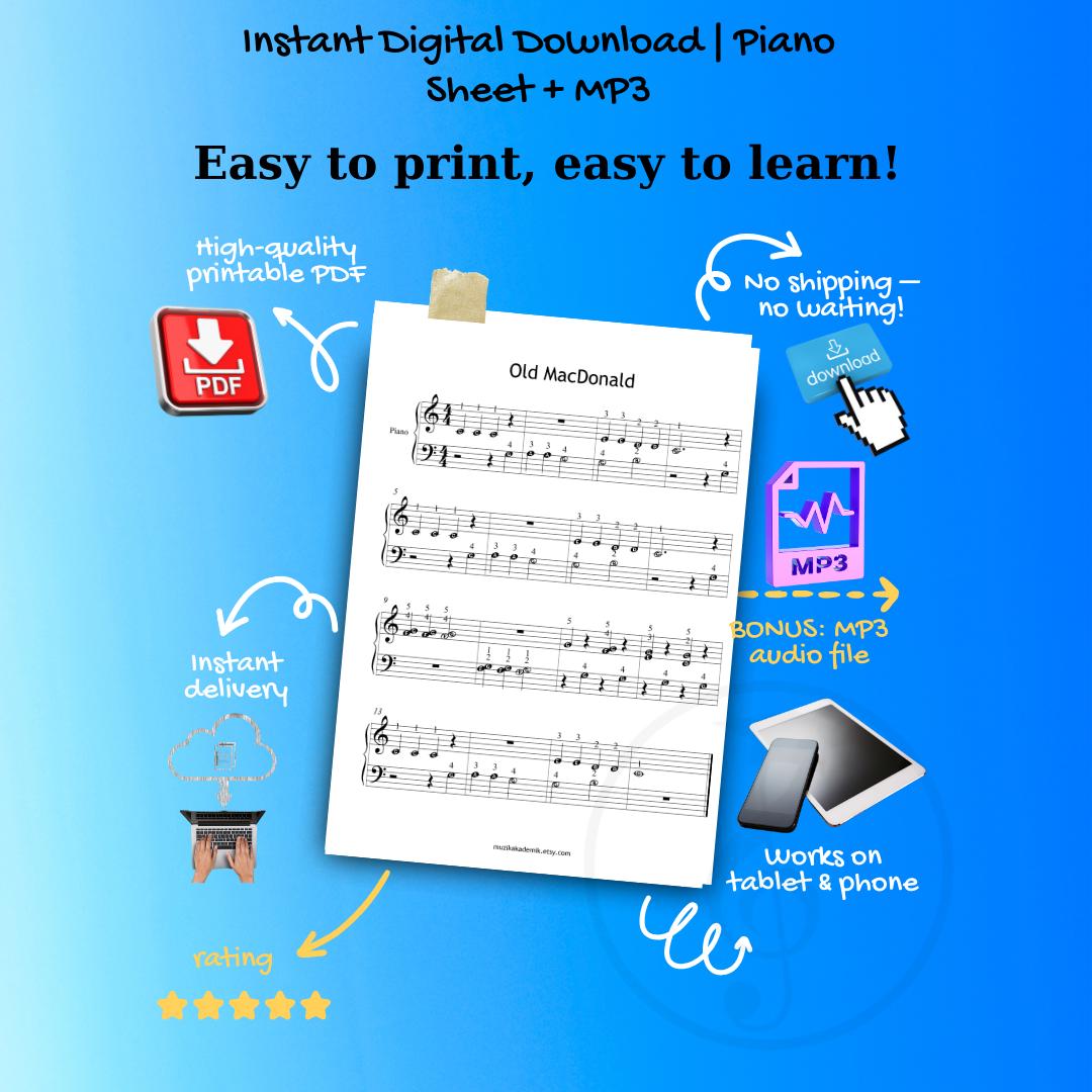 Old MacDonald Had a Farm - Grade 2 Easy Piano Sheet for Beginners | Letter Notes + Finger Numbers + MP3 + Video - Nursery Rhymes McDonald