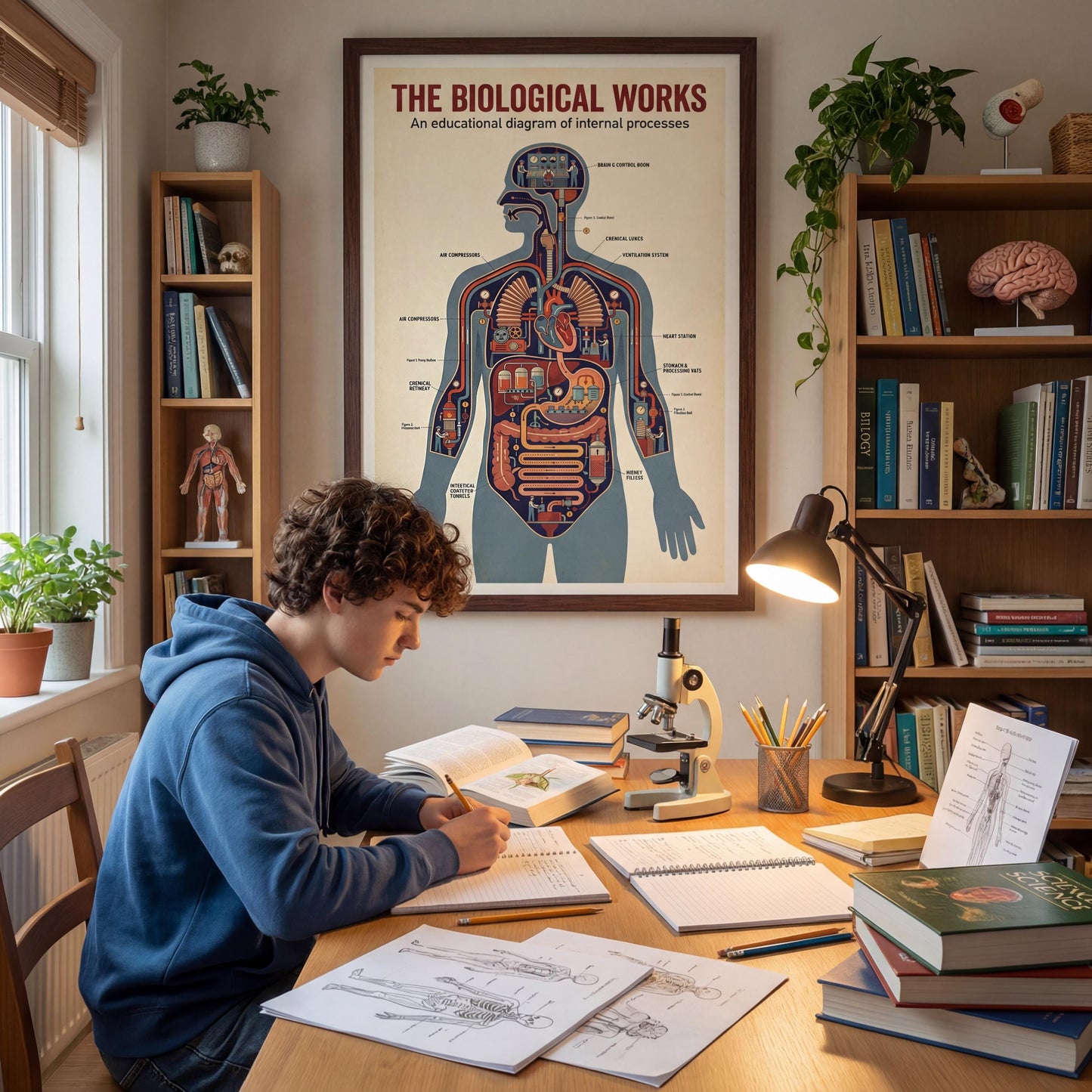 Human anatomy factory-style diagram printable offering a creative interpretation of physiology through mechanical metaphors, ideal for science teachers, students, and vintage anatomy art collectors.