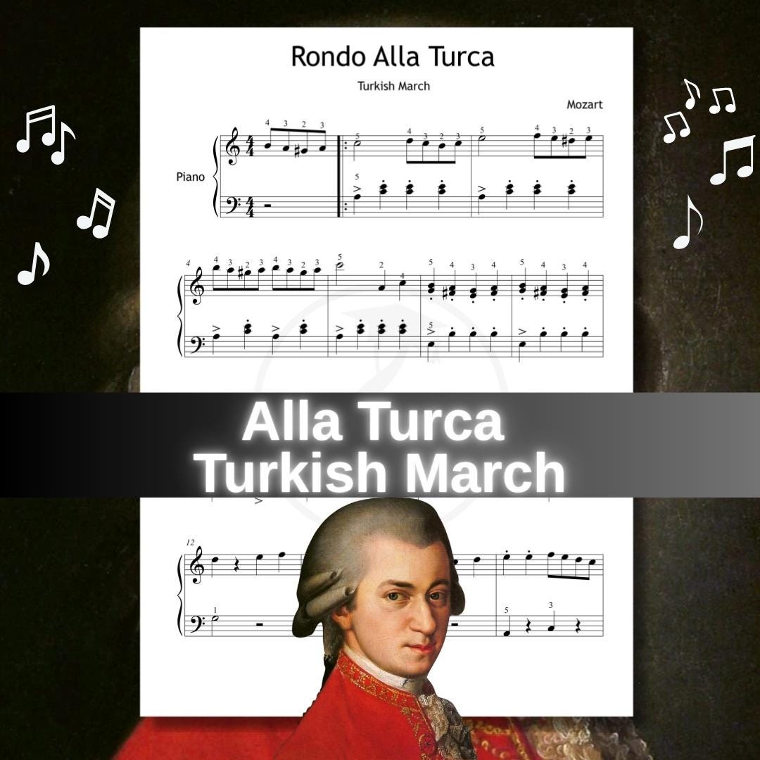 Simplified Turkish March by Mozart piano sheet with letter names and finger numbers, Grade 3 arrangement ideal for practice, recital preparation, and teaching lessons.