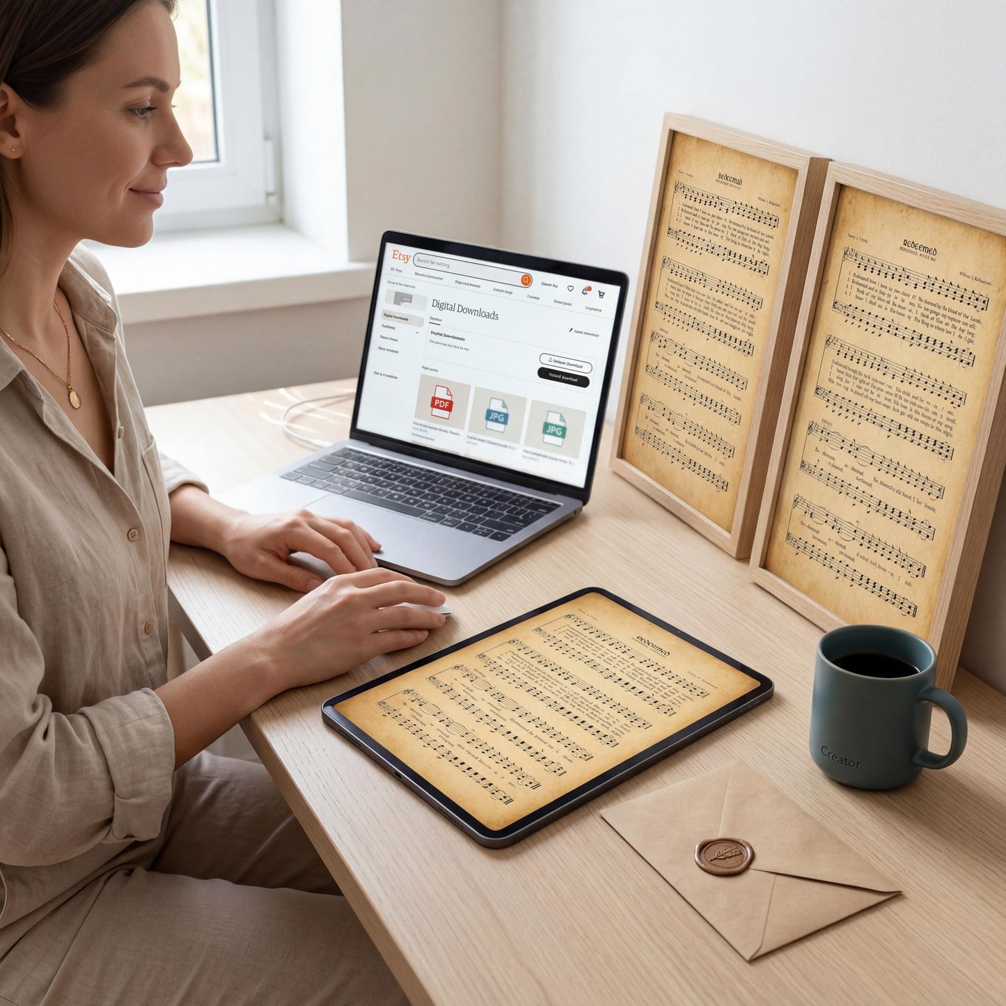 A woman is sitting at a desk, working on a laptop and surrounded by sheet music, a tablet, and a cup of coffee.