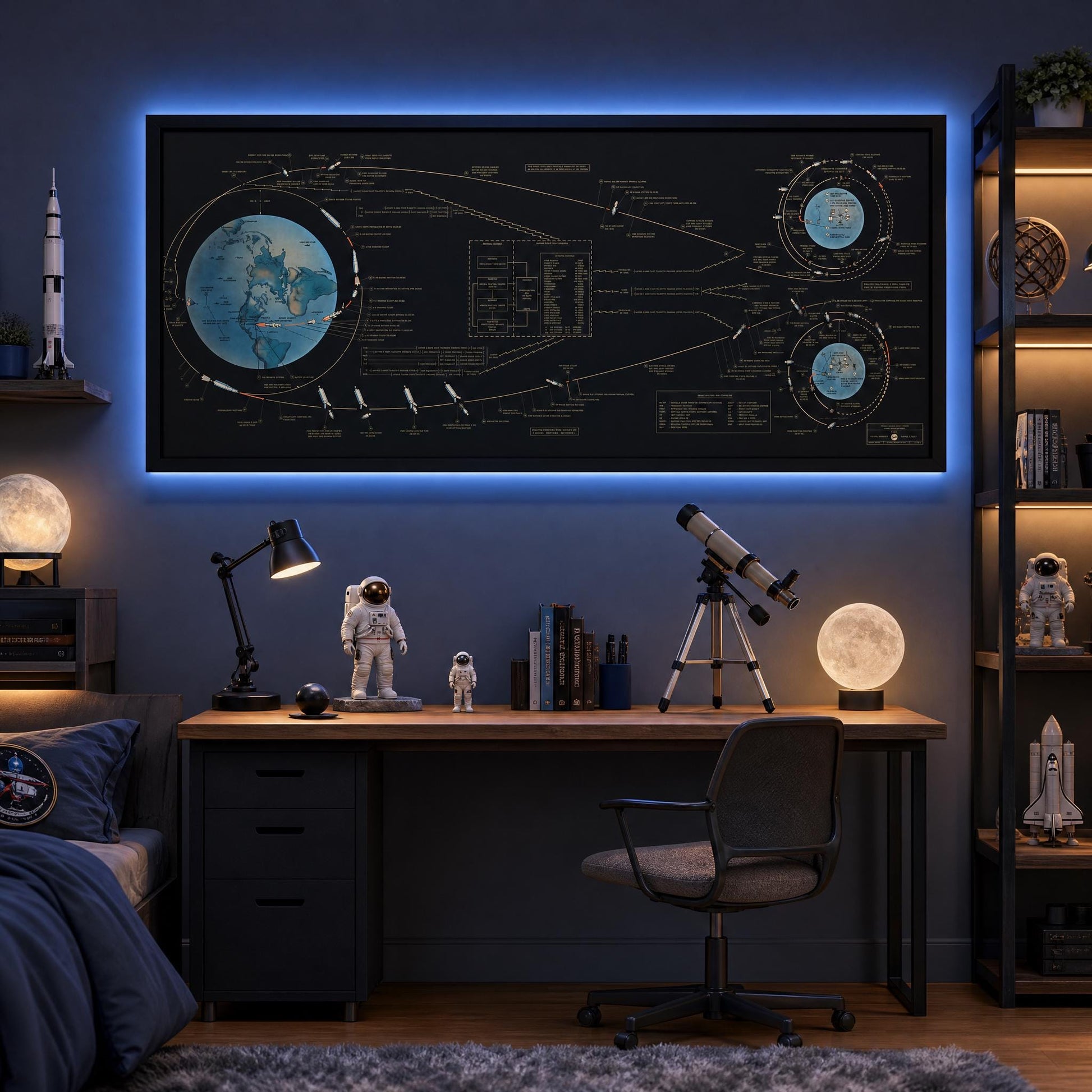 Vintage Apollo 11 NASA mission infographic printable with split-panel A3 printing option, lunar landing diagrams, and historical aerospace engineering artwork
