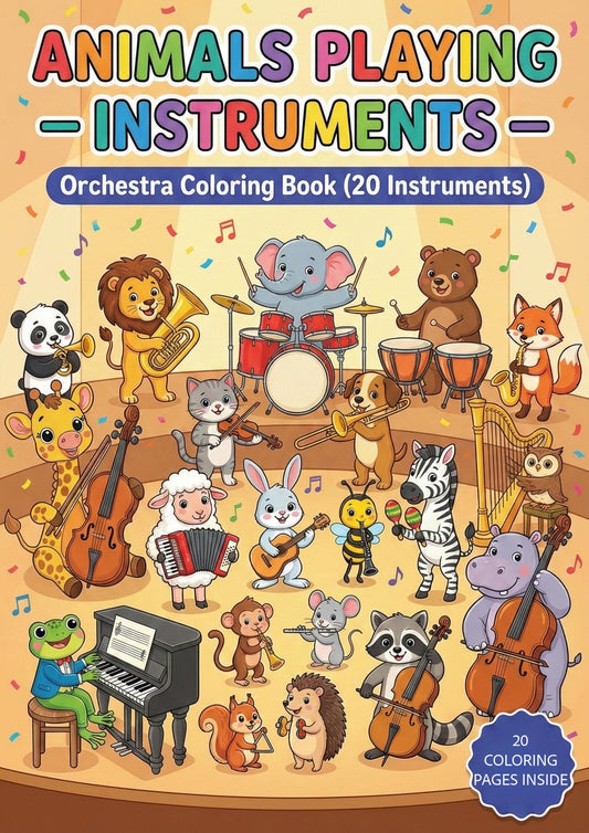 Animals Playing Instruments Coloring Book orchestra-themed educational PDF shown as a cover-style image featuring multiple friendly animals playing different musical instruments, designed as a printable digital coloring book for kids to explore music through creative play.