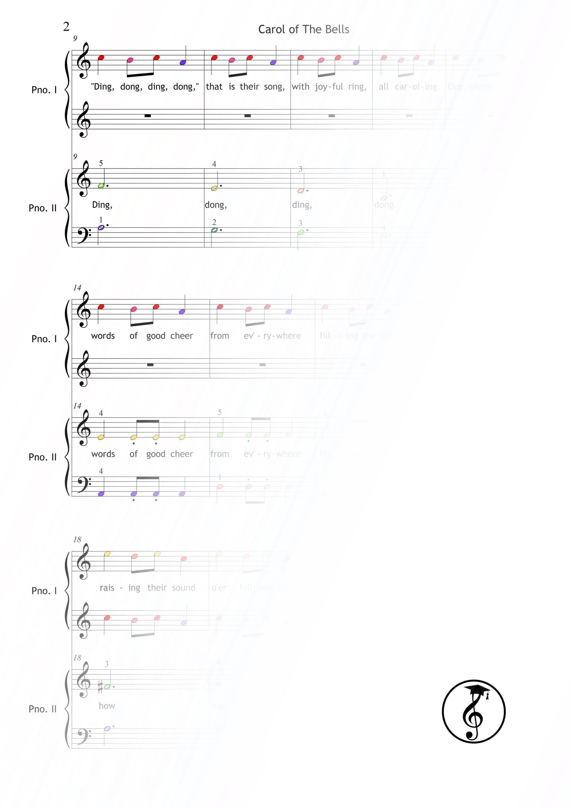 Carol of the Bells by Mykola Leontovych downloadable and simplified piano sheet music PDF crafted for Grade 1 duets, providing color notes, note names, finger numbers, MP3 demo, and AI-integrated video support for joyful Christmas ensemble playing.