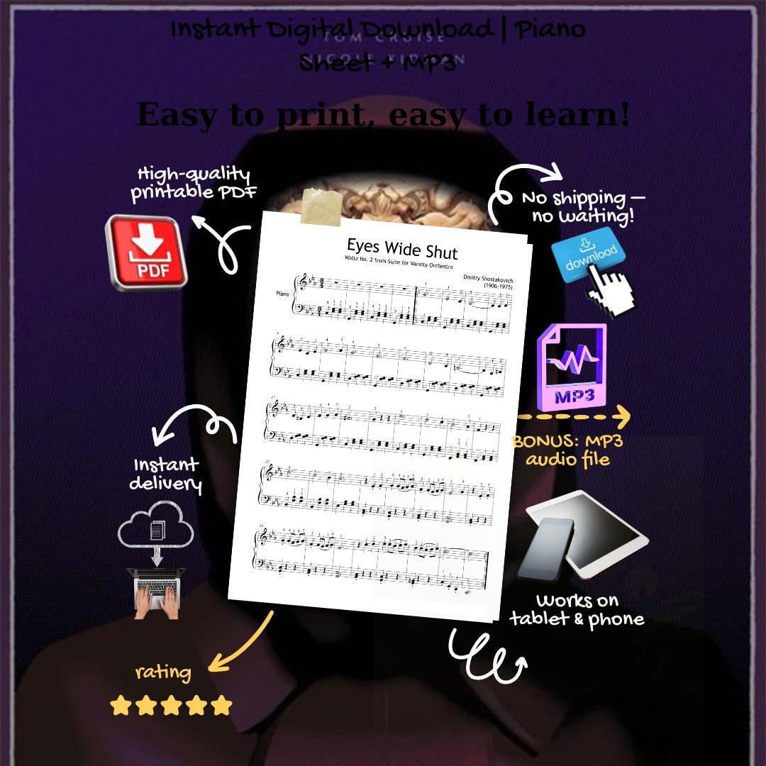 Waltz No. 2 by Dmitri Shostakovich downloadable and simplified piano sheet music PDF shown with the full Grade 3–4 learning bundle featuring finger numbers, note names, color-coded notes, and manuscript-based engraving, ideal for students exploring film music and classical repertoire.