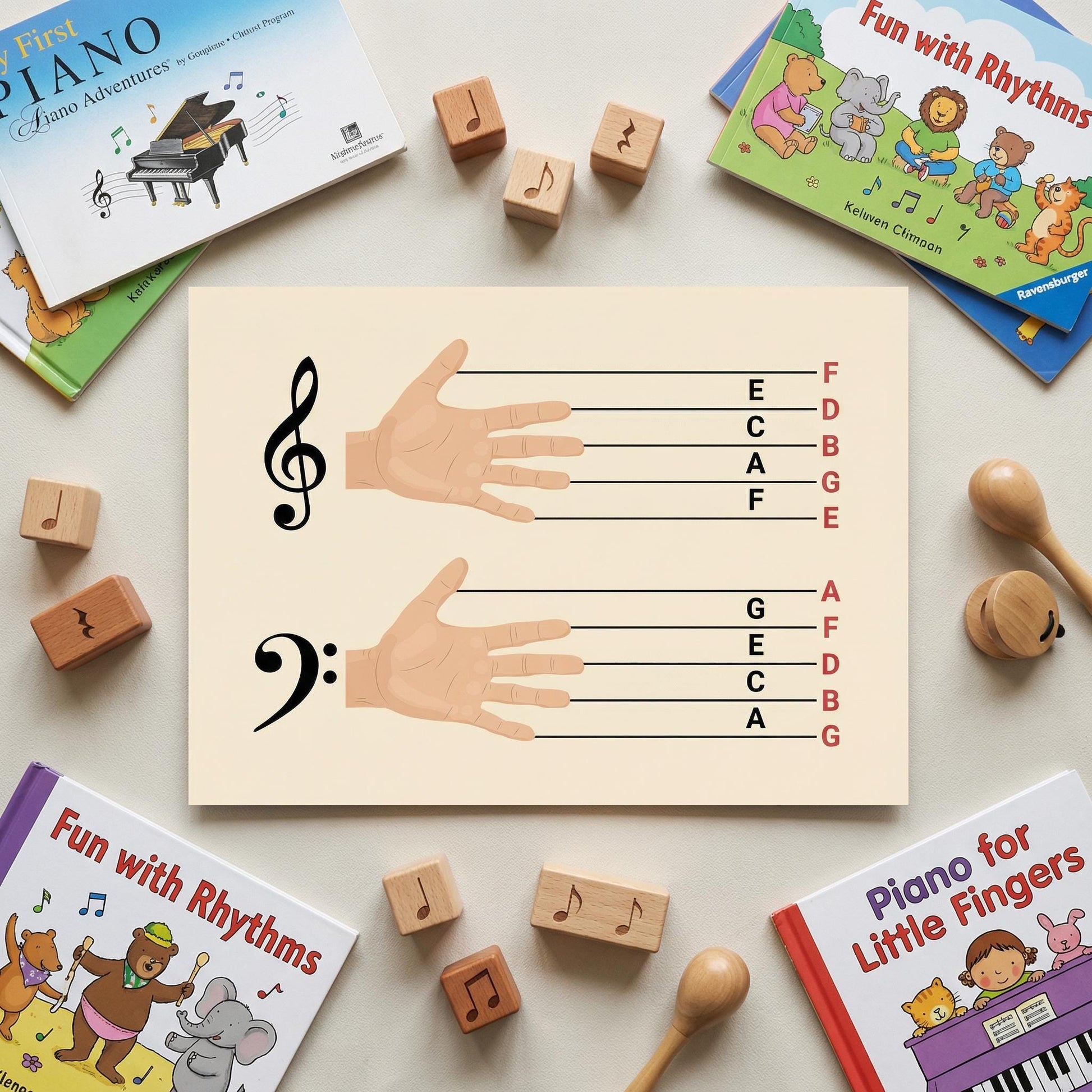 Beginner Music Notes Chart Printable, Treble Clef Bass Clef Staff Notes, Kids Piano Learning Poster, Montessori Music