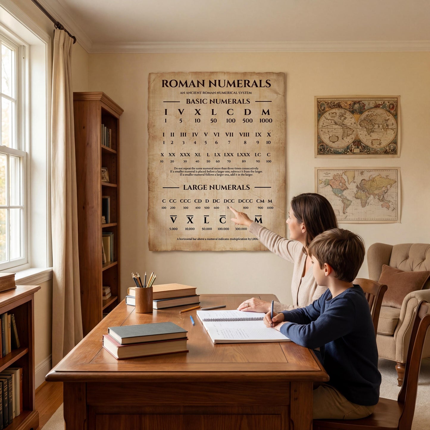 Vintage Roman numerals poster printable PDF showing clear numeral breakdowns and reading rules, created as an educational math and history chart with an antique scroll aesthetic.