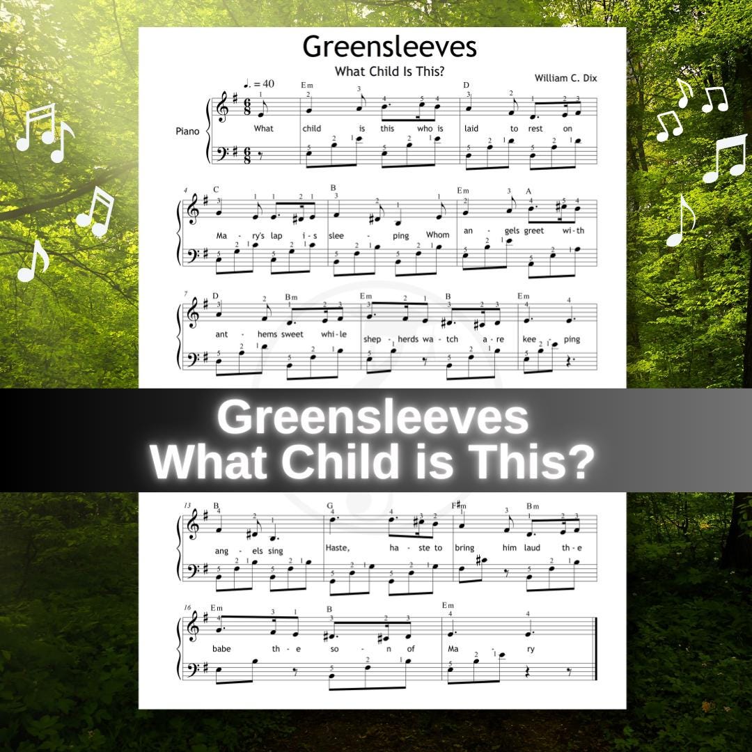 Greensleeves – What Child Is This? downloadable and simplified piano sheet music PDF with beginner-friendly layout, labeled notes, finger numbers, and color-coded notes. Perfect for home use, classrooms, or recitals. Includes high-quality files and a music learning bundle with video and audio support.