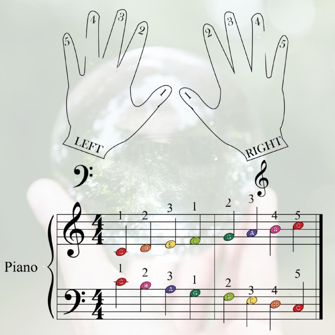 A fingering reference chart is paired with a small section of the Super Mario Bros. sheet music using color-coded notes, designed to reinforce correct hand placement and note identification for students.