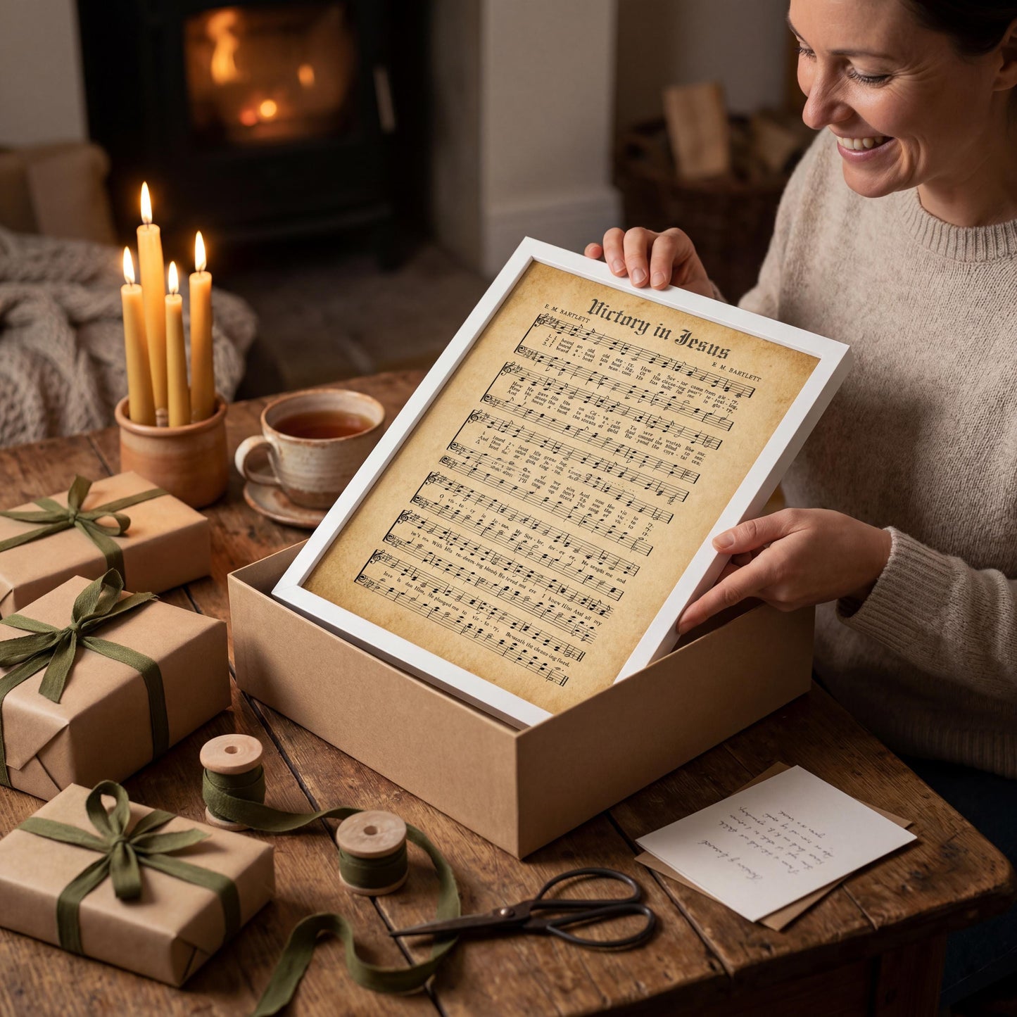 A woman is sitting at a table with a framed sheet of music, wrapped gifts, and a pair of scissors, smiling as she opens the box.