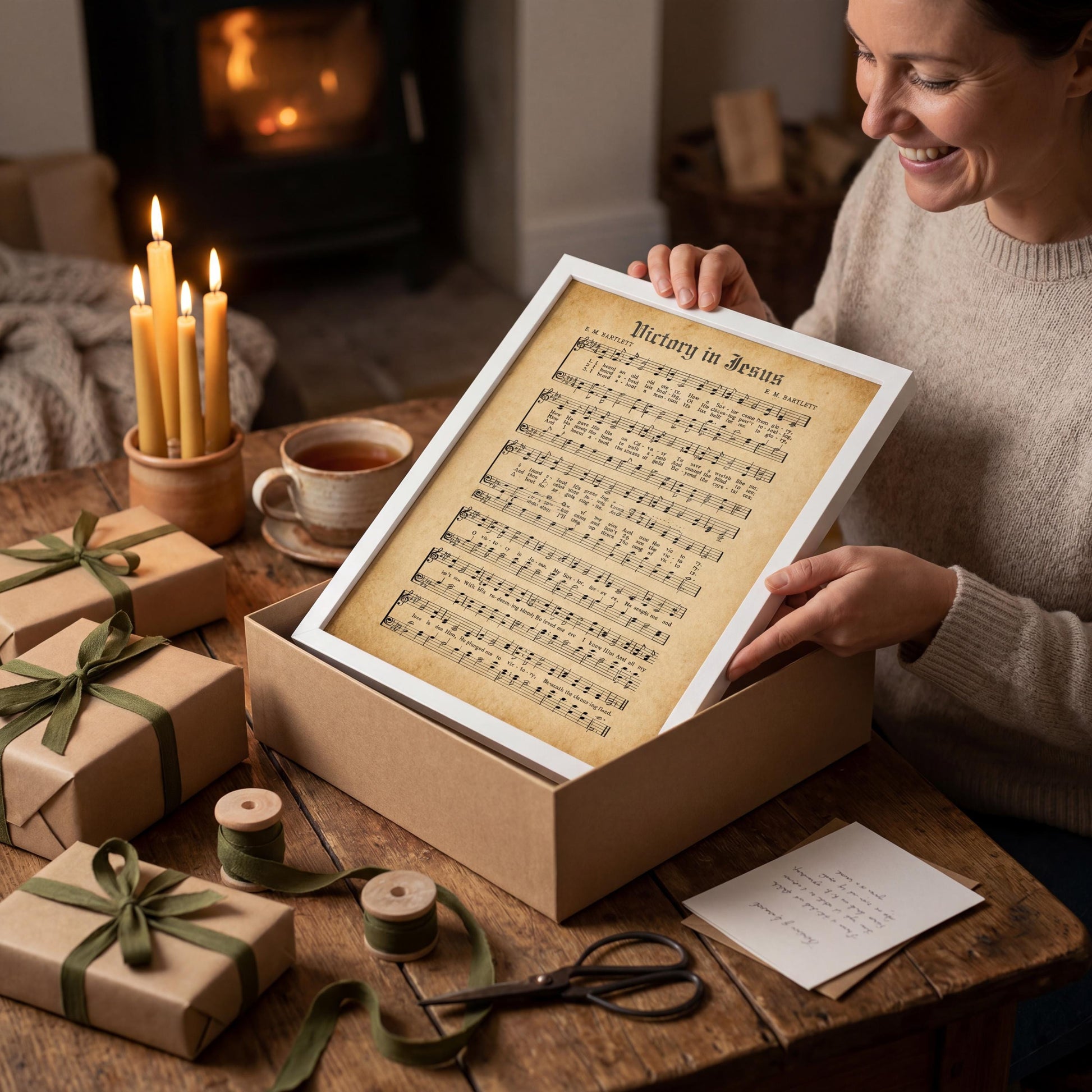 A woman is sitting at a table with a framed sheet of music, wrapped gifts, and a pair of scissors, smiling as she opens the box.