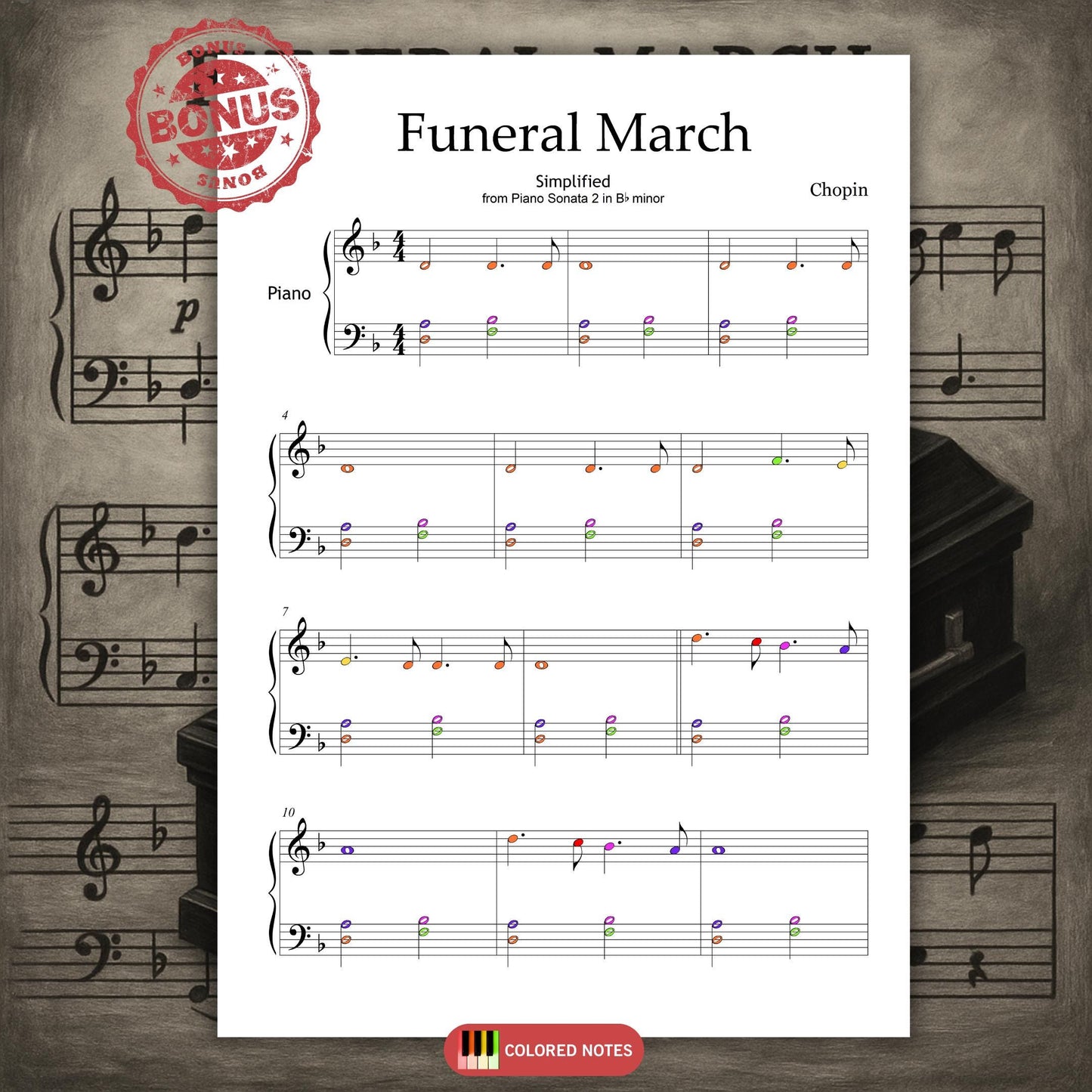 Funeral March piano sheet Grade 1 simplified edition by Chopin, Halloween beginner PDF with clear notation, educational versions with note names and colors, MP3 audio demo, and MP4 animated tutorial.