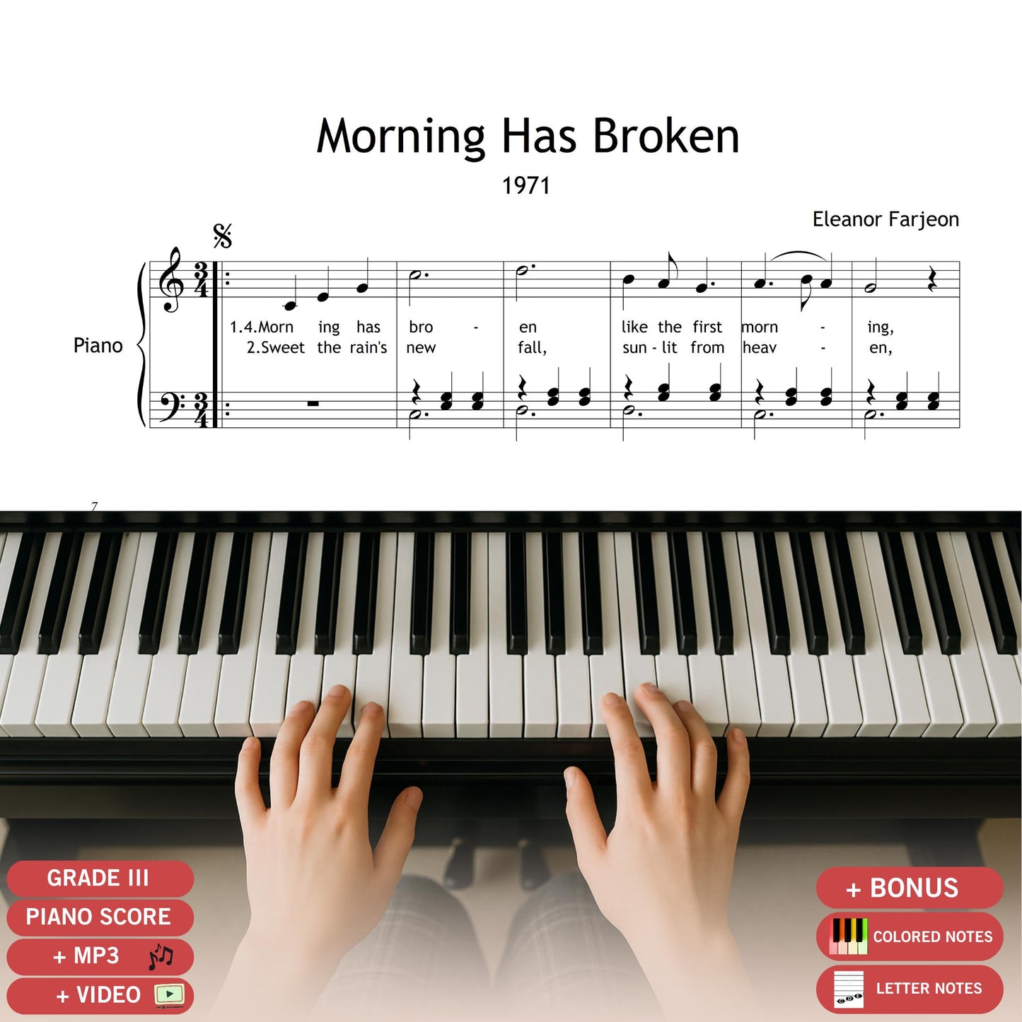 Morning Has Broken simplified piano sheet music PDF, Grade 2 arrangement with color notes, note names, and lyrics, printable easy hymn for early-intermediate students.