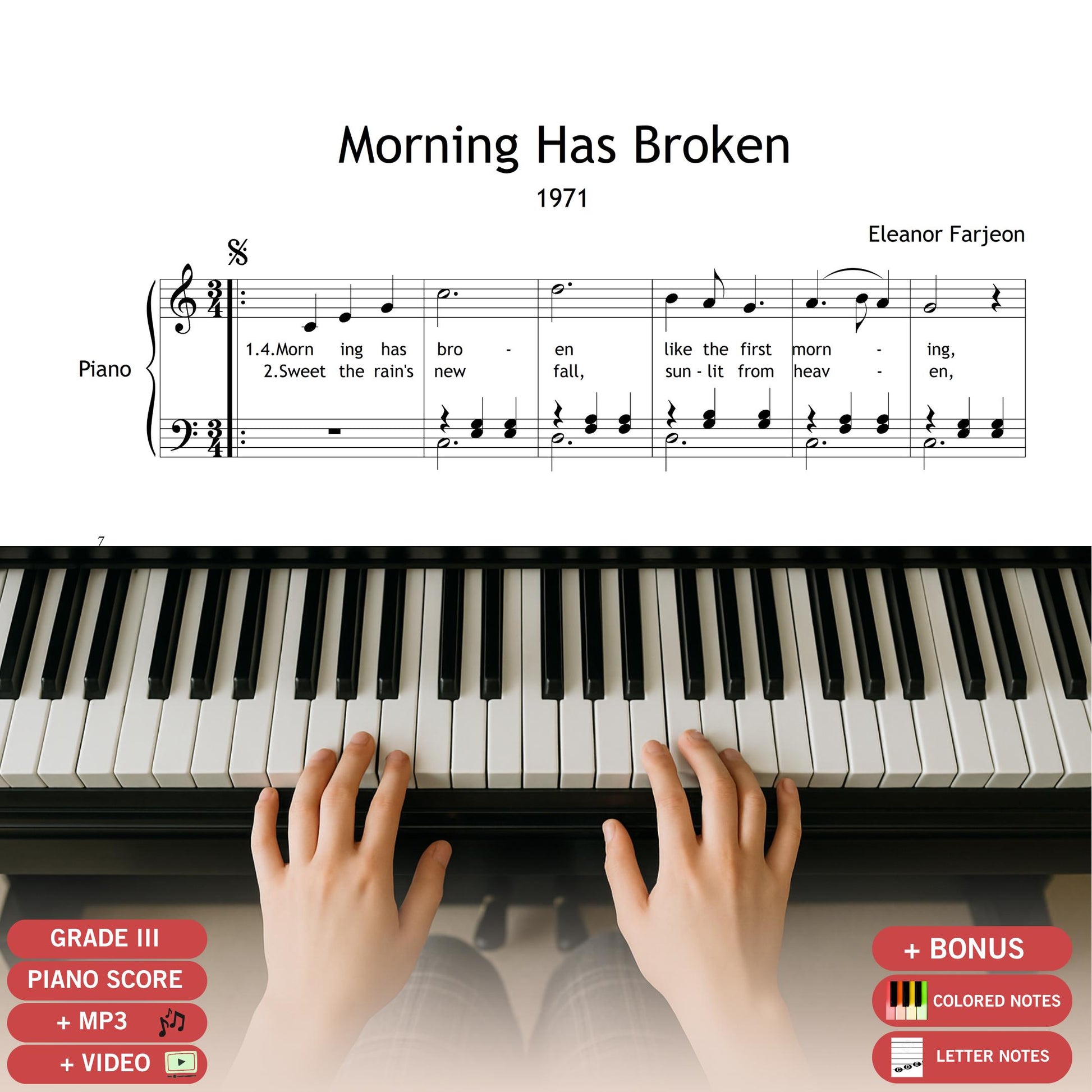 Morning Has Broken simplified piano sheet music PDF, Grade 2 arrangement with color notes, note names, and lyrics, printable easy hymn for early-intermediate students.