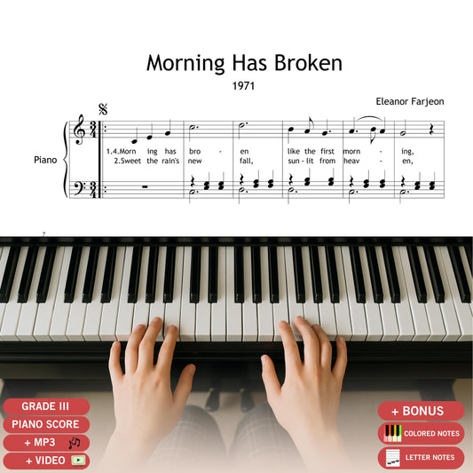 Morning Has Broken simplified piano sheet music PDF, Grade 2 arrangement with color notes, note names, and lyrics, printable easy hymn for early-intermediate students.