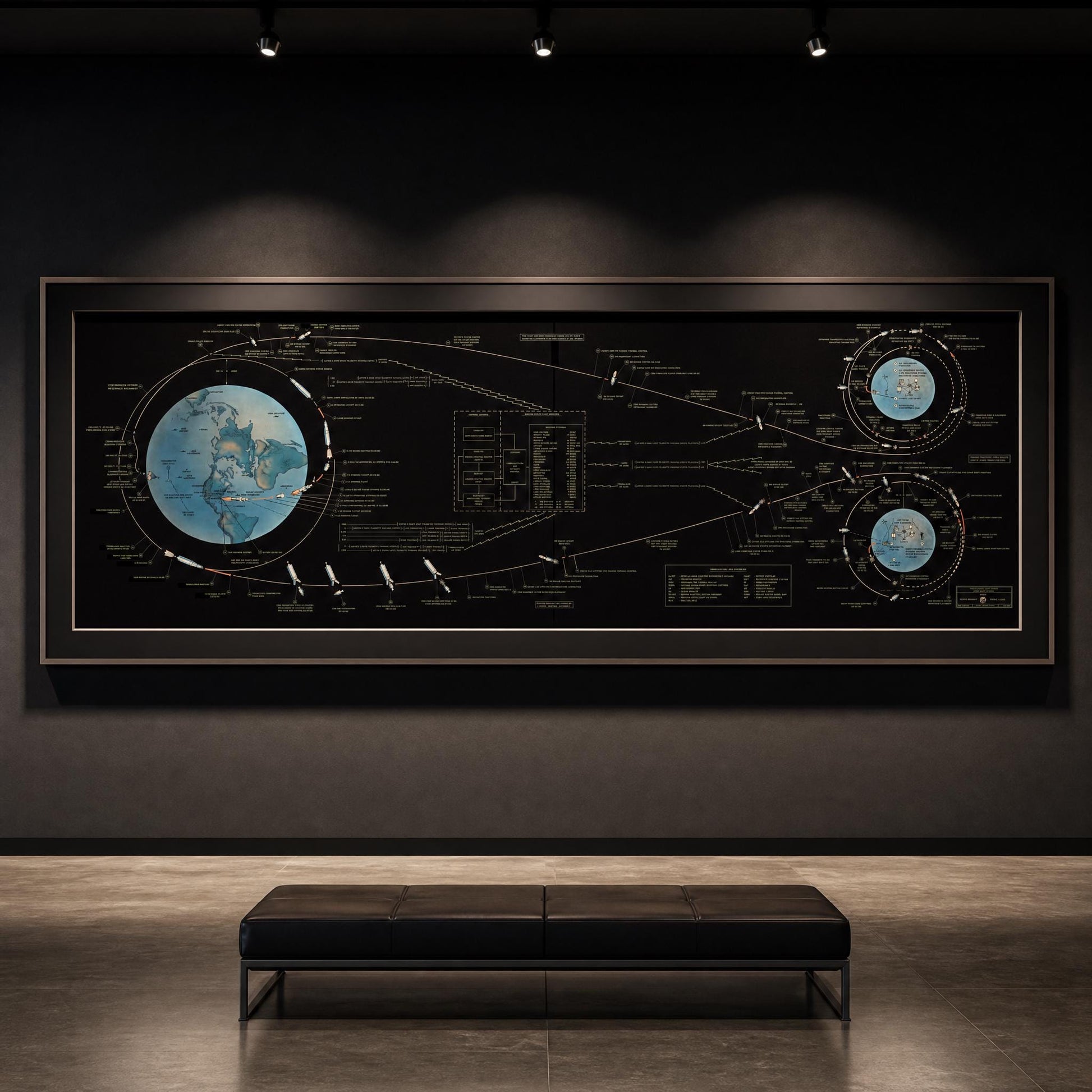 Apollo 11 space exploration chart digital download featuring orbital paths, command module operations, and detailed NASA mission event timeline for science enthusiasts