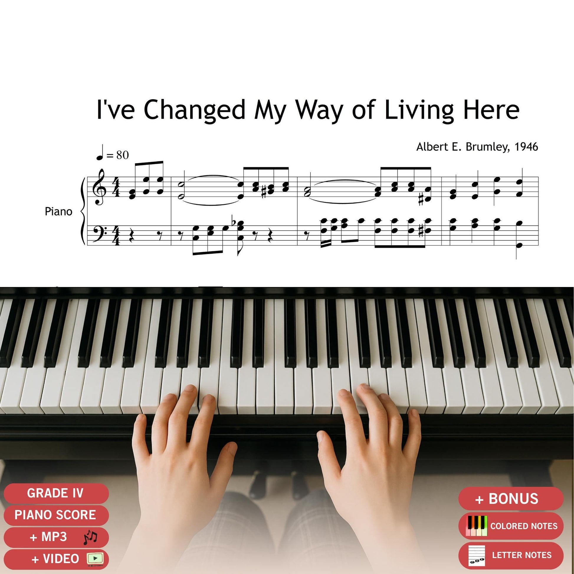 I’ve Changed My Way of Living by A. E. Brumley downloadable and simplified piano sheet music PDF shown with the SATB choir and piano arrangement, featuring finger numbers, color-coded notes, and note-name versions based on the original handwritten manuscript, displayed clearly with full gospel lyrics for rehearsal use.