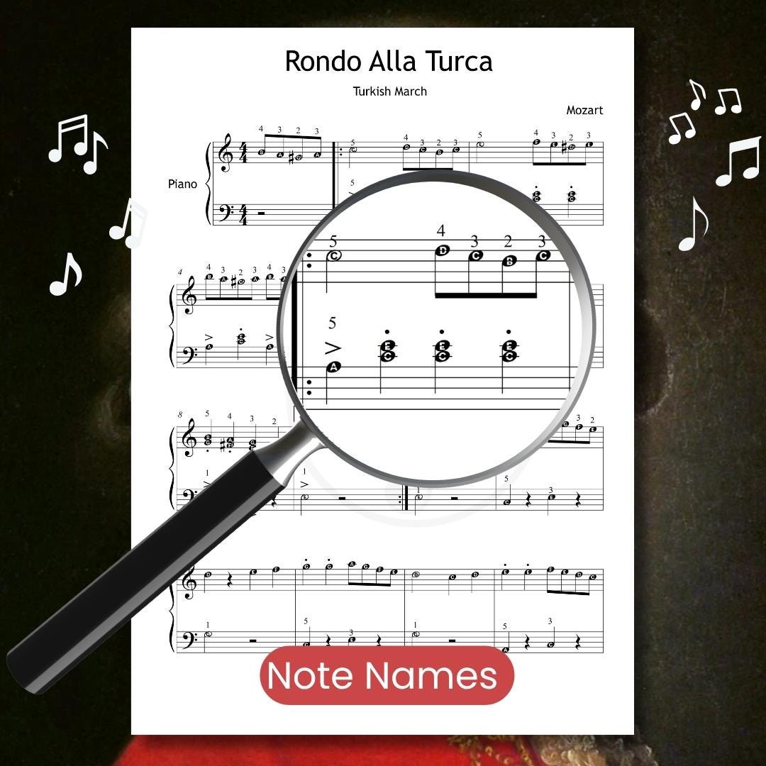 Alla Turca simplified piano sheet displayed on piano stand, Grade 3 easy version with color-coded notes and MP3 demo, printable PDF for classical music learners.