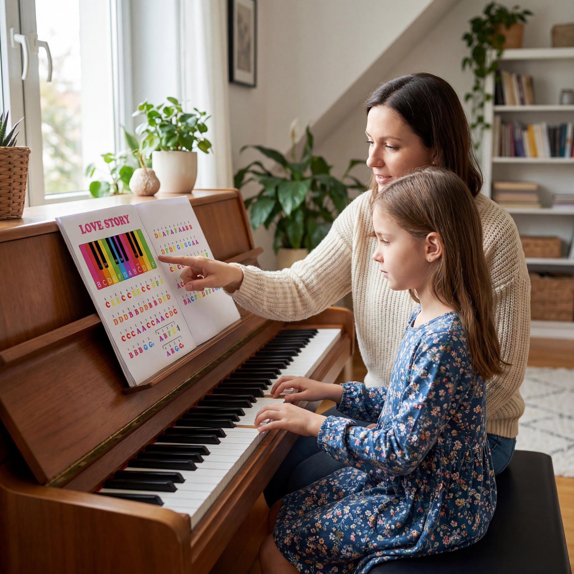 Love Story color note keyboard beginner PDF with simplified melodic structure and large visual spacing, supporting first-year piano students and visual learners.