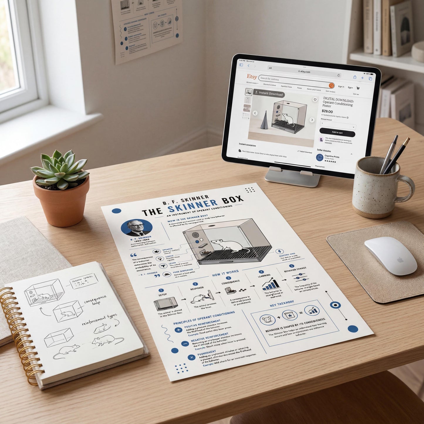 a desk with various items on it, including a computer monitor, a notebook, a potted plant, and a mouse. There is also a poster or flyer with information about a product called "The Skinner Box" displayed on the desk.
