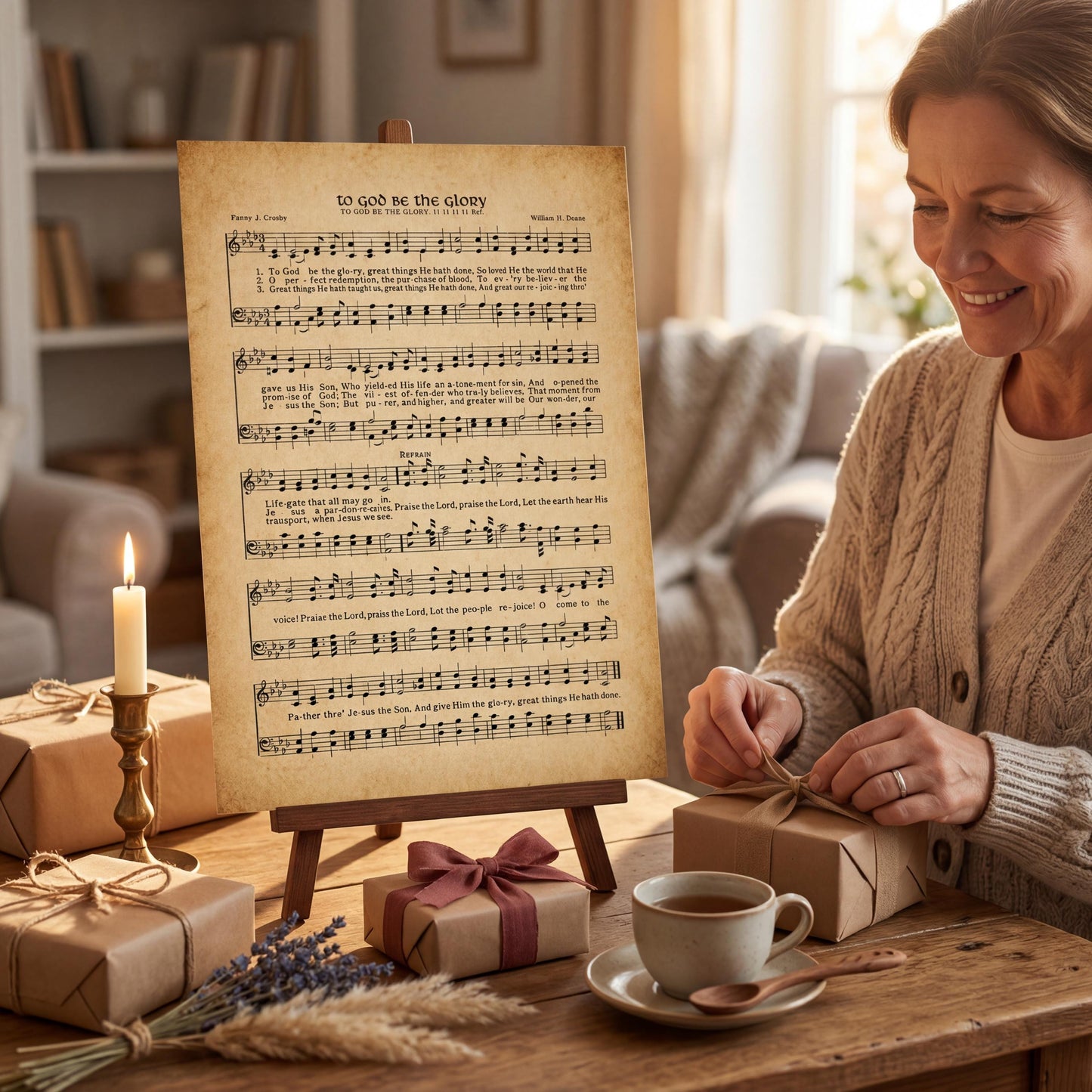 A woman is sitting at a table, smiling and wrapping a gift. In front of her is a sheet of music, and there are wrapped presents and a candle on the table.